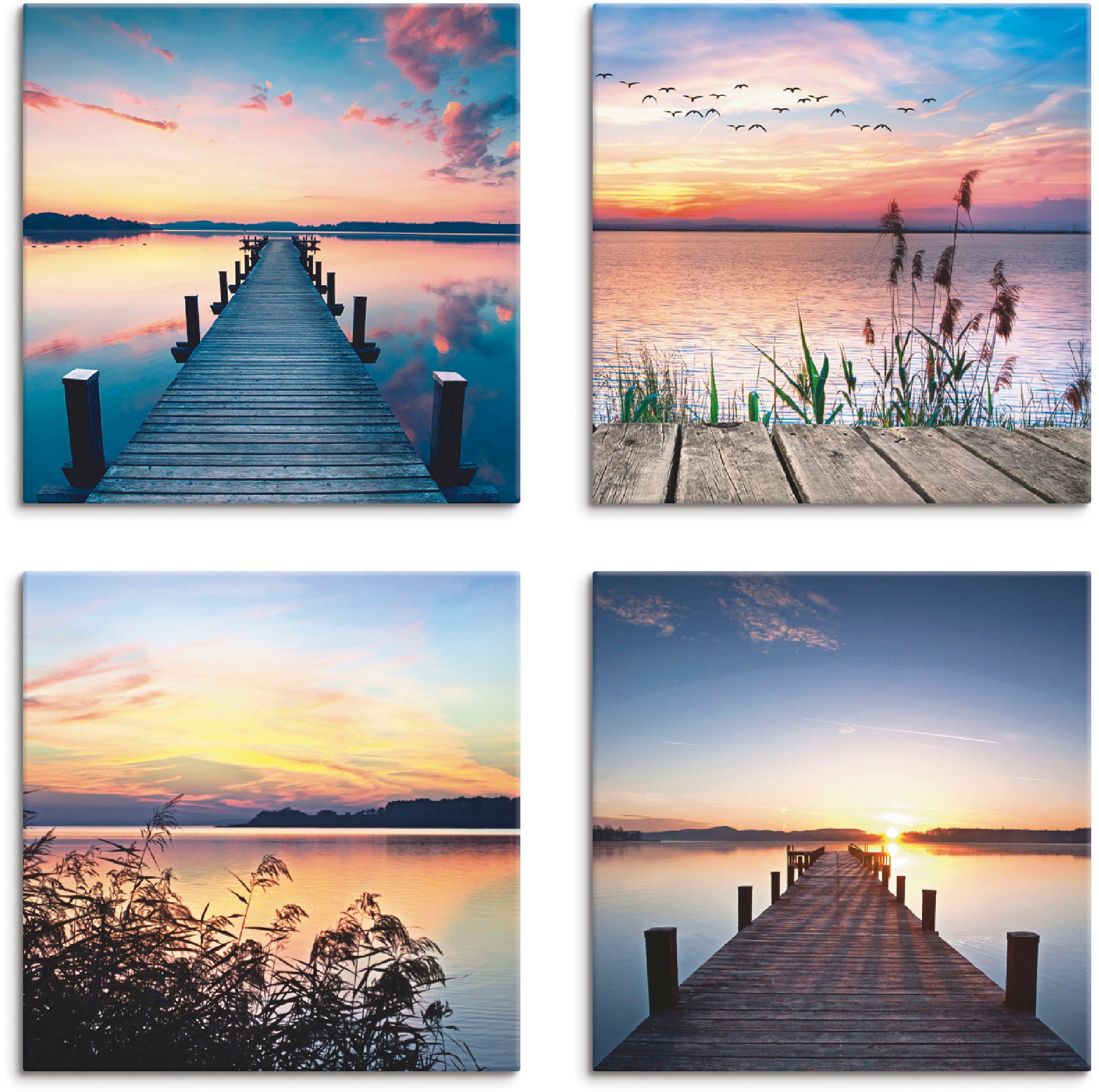 Artland Leinwandbild "Pier See Abendrot Schilf Sonnenstrahlen", Gewässer, (4 St.), 4er Set, verschiedene Größen