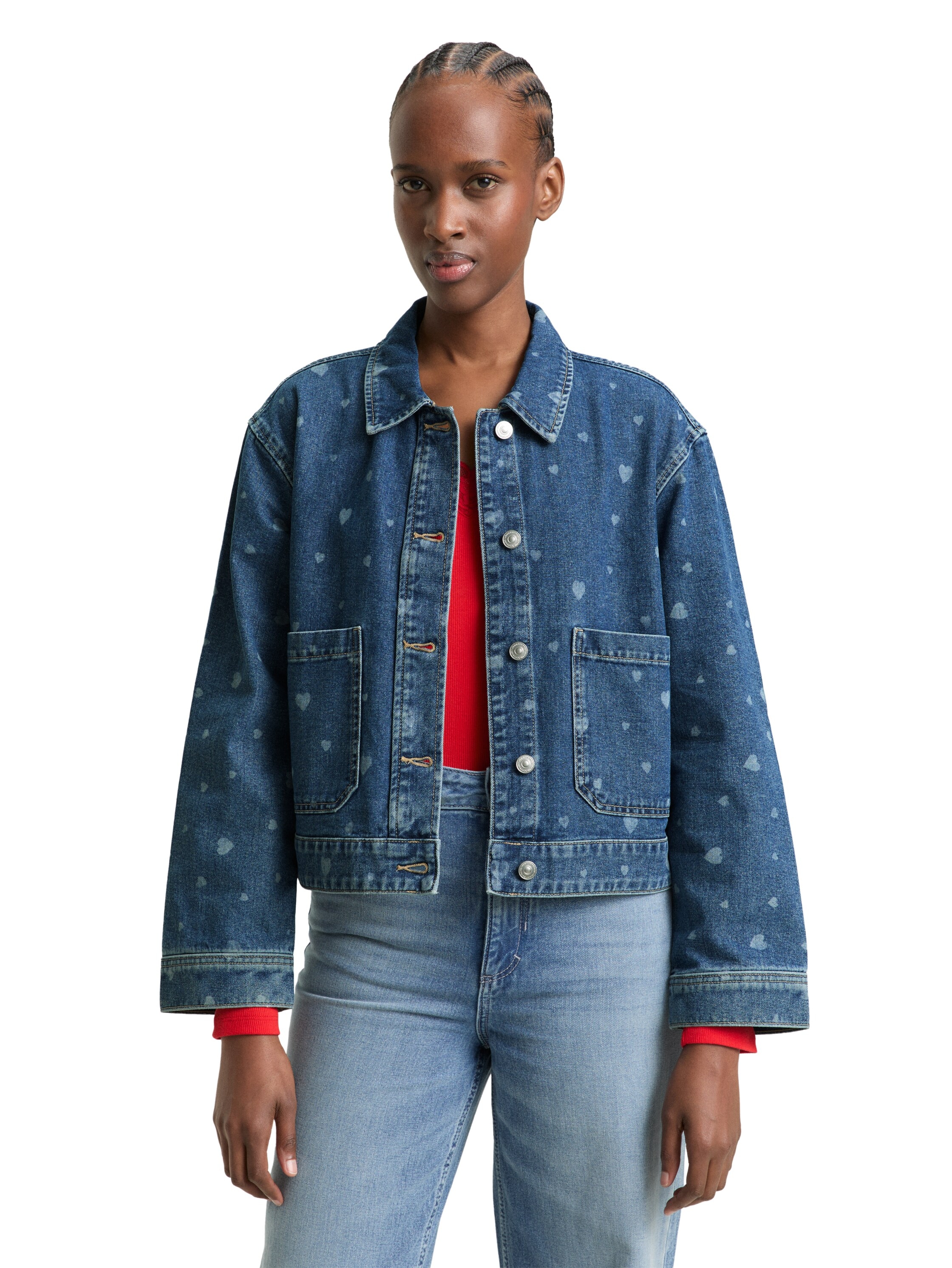 TOM TAILOR Denim Jeansjacke ohne Kapuze mit All-Over-Herz-Print günstig online kaufen