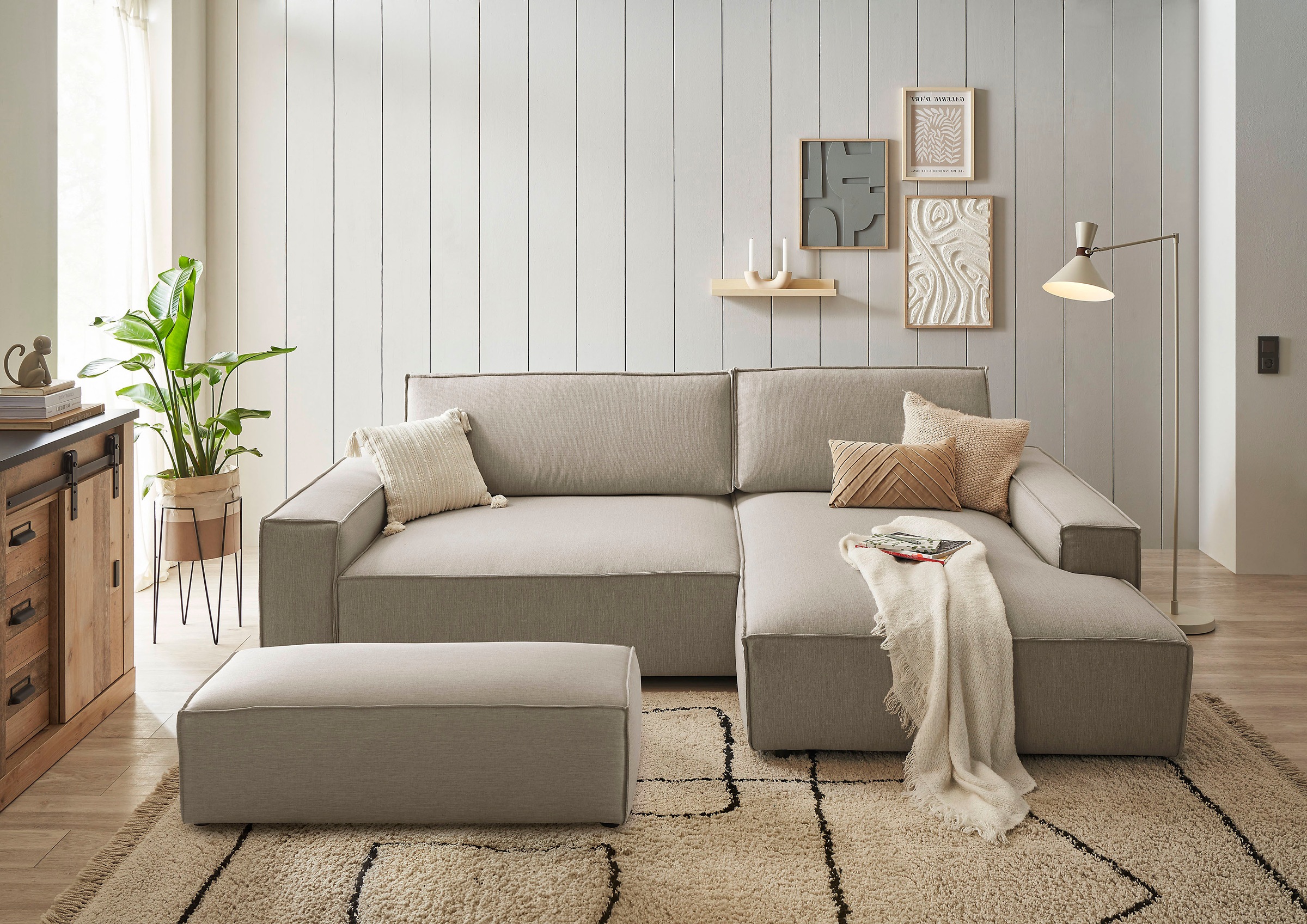 Home affaire Polsterecke »NEU: SHERWOOD XXL tief, L-Form mit Schlaffunktion, Big-Sofa mit Hocker«, (Set, 2 St.), stellbar zum Schlafsofa (Krokodilverbinder), Cord, Leinenoptik