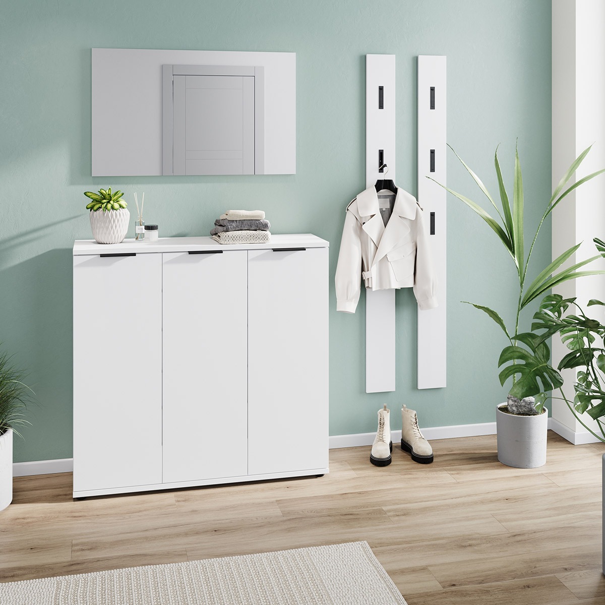 GERMANIA Garderoben-Set »Stanton«, (4 St.), Garderoben-Set bestehend aus 1 Schuhschrank, 1 Spiegel und 2 Paneelen