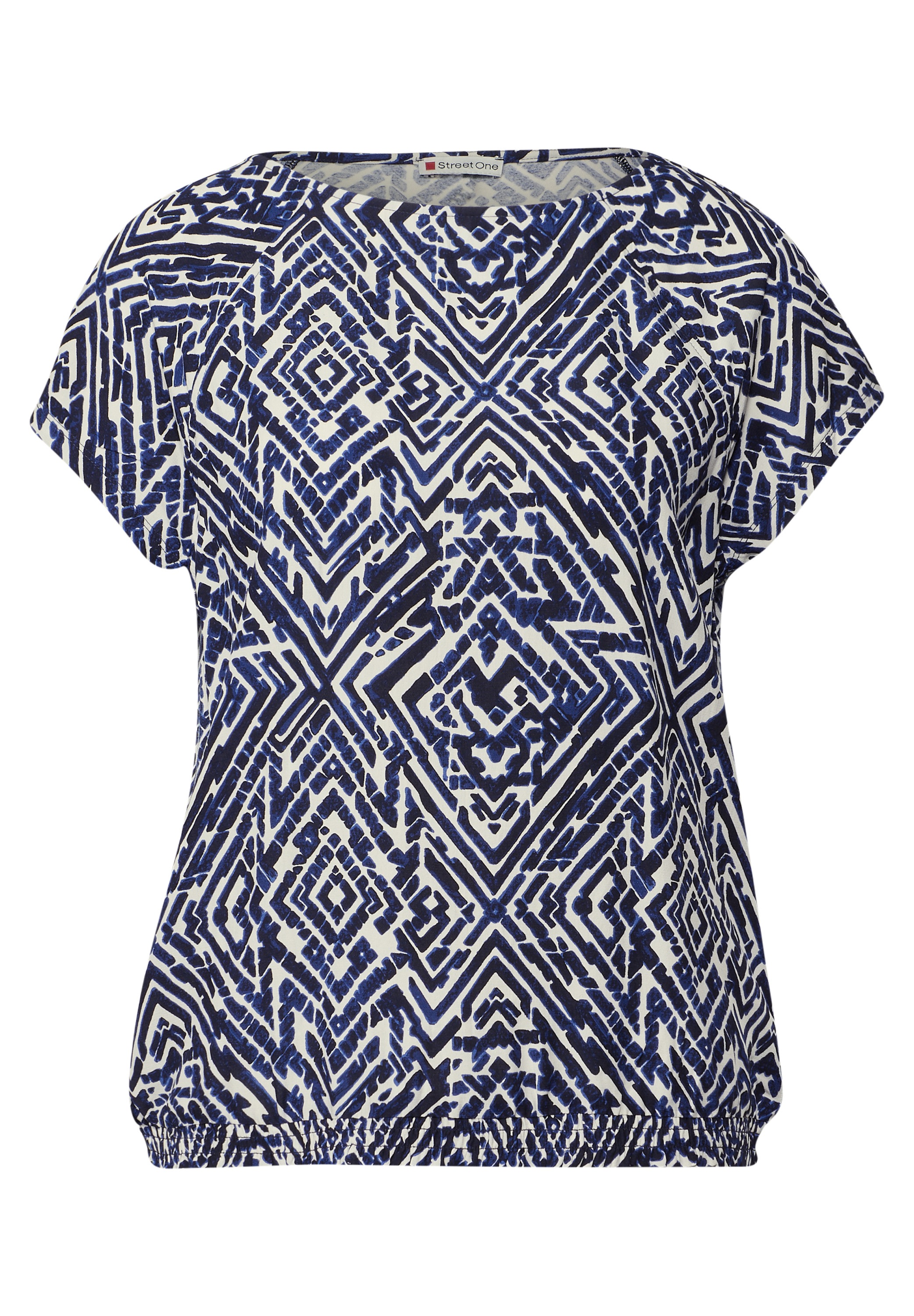 T-Shirt STREET ONE, Damen, Gr. 44, blau (tiefblau), Stoff, Vorderseite: 100% Viskose; Rückseite 95% Viskose, 5% Elasthan, bedruckt, normal normal, U-Boot-Ausschnitt, abgesteppt, Shirts T-Shirt, mit Elastikbund 3