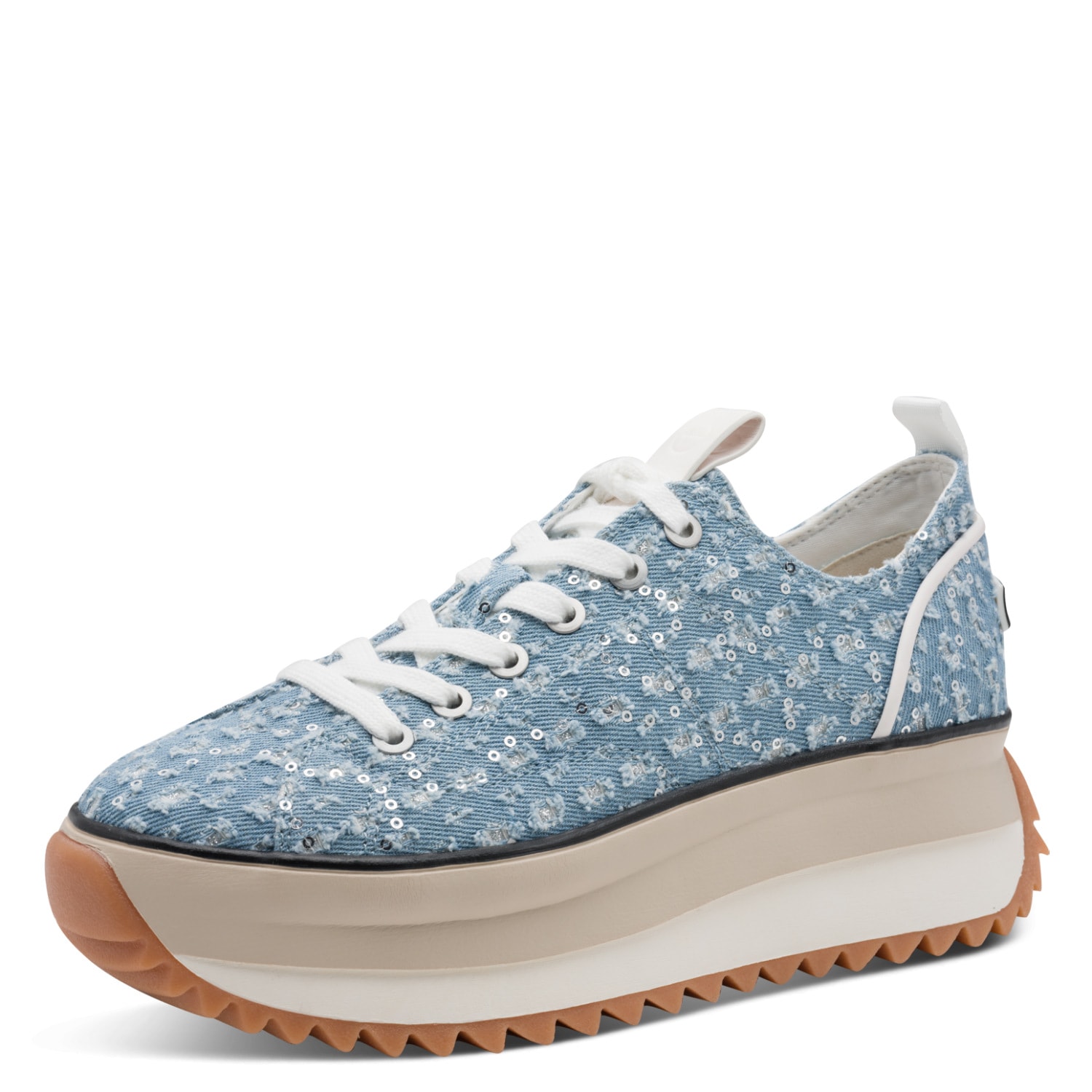 Plateausneaker TAMARIS "Milena", Damen, Gr. 41, denim, pailletten, Synthetik, Textil, Schuhe Plateausneaker, Freizeitschuh, Halbschuh, Schnürschuh in veganer Verarbeitung