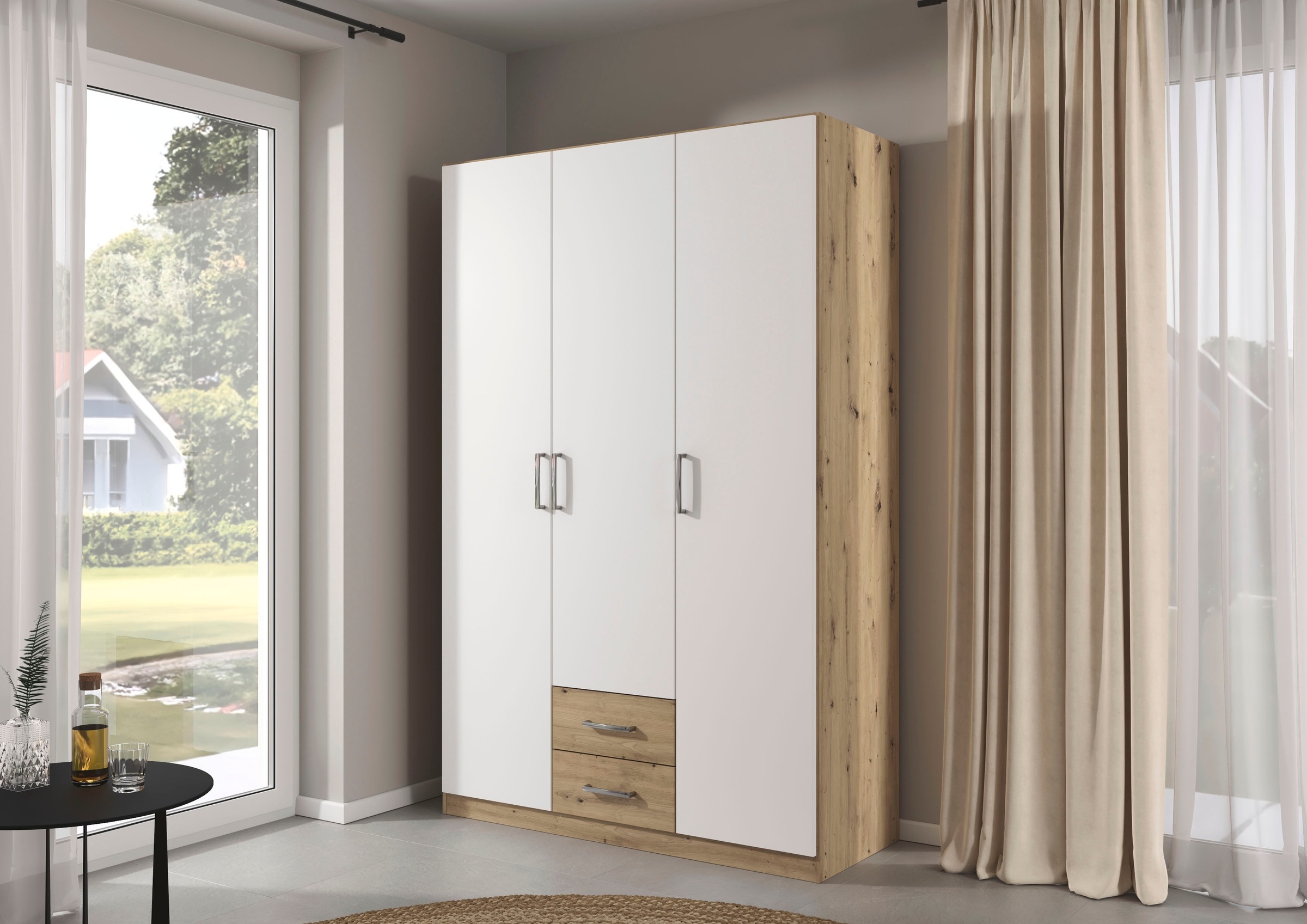 rauch Drehtürenschrank "Kleiderschrank Garderobe GAMMA Breite 136 cm" in 3 Ausstattungen BASIC/CLASSIC/PREMIUM (inkl. SOFT-CLOSE-Funktion), mit Schubladen, verschiedene Griff-Varianten TOPSELLER MADE IN GERMANY