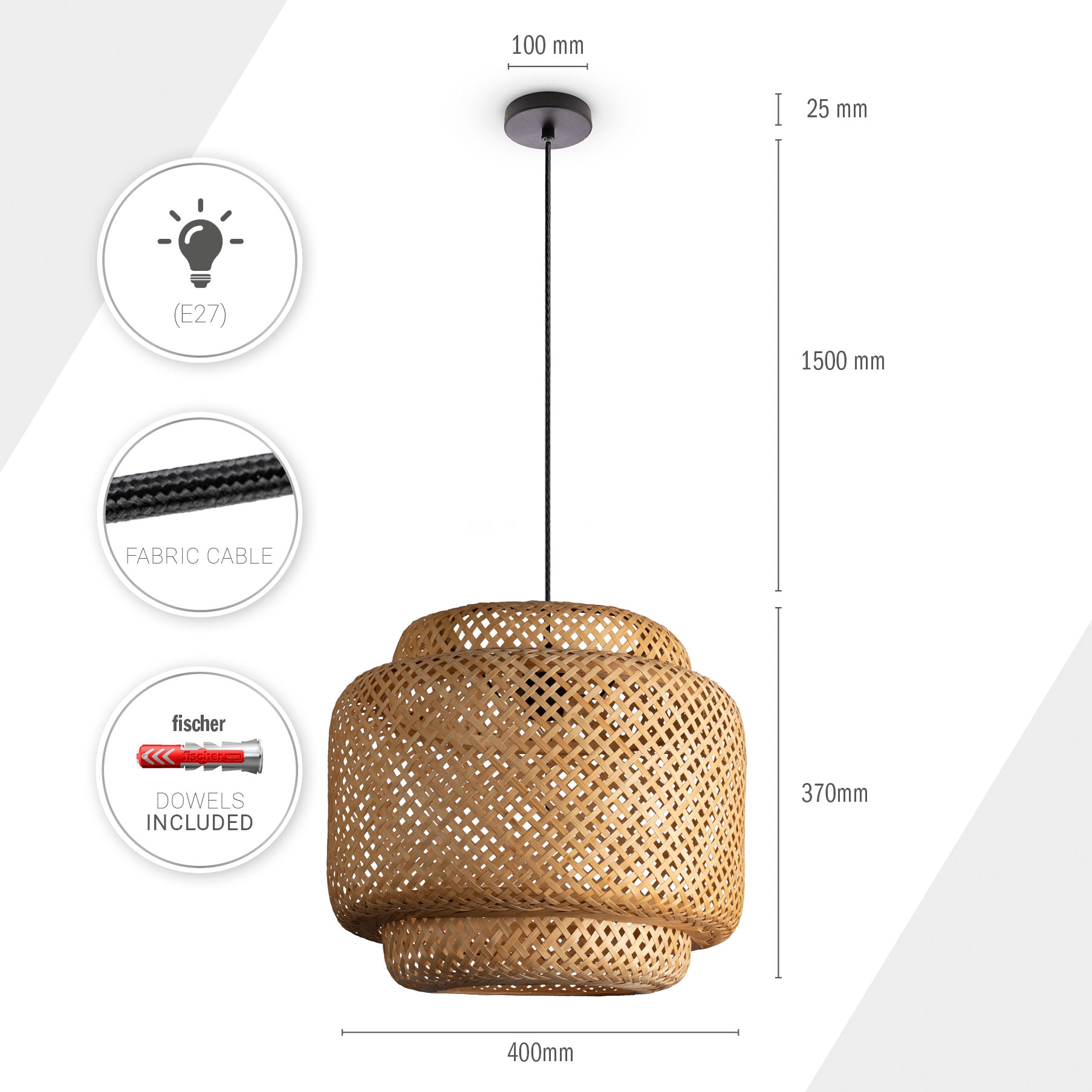 Paco Home Pendelleuchte »KORVI«, Leuchtmittel E27 | ohne Leuchtmittel, Korblampen Pendelleuchte Holz Boho Natur Wohnzimmer Esszimmerlampe