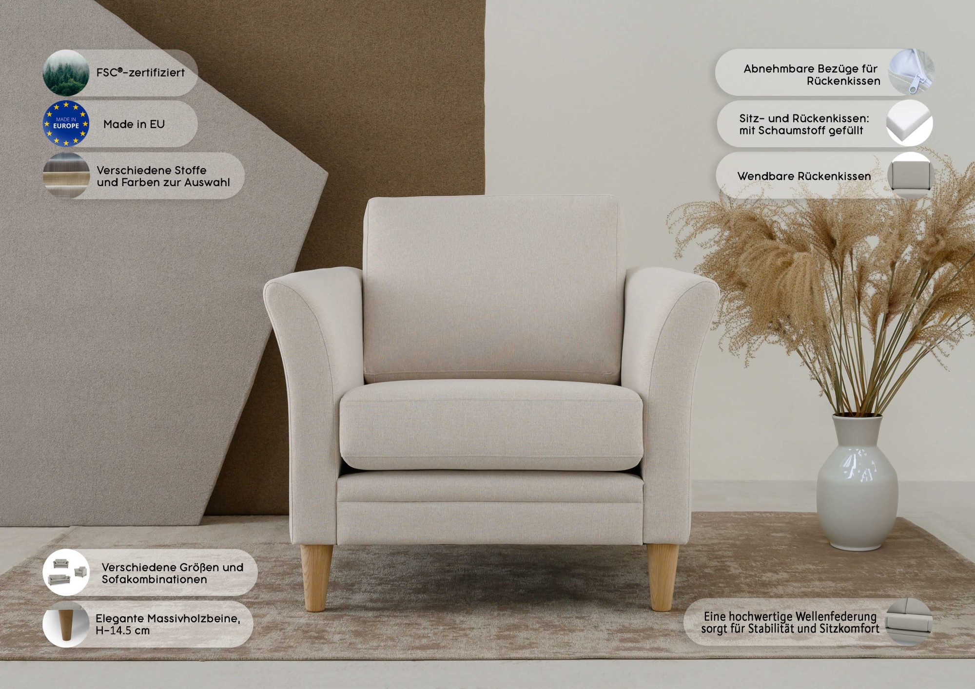 Home affaire Sessel »Arellano, Breite 93 cm«, klassisches Design, mit Massivholzfüßen, Webstoff fein