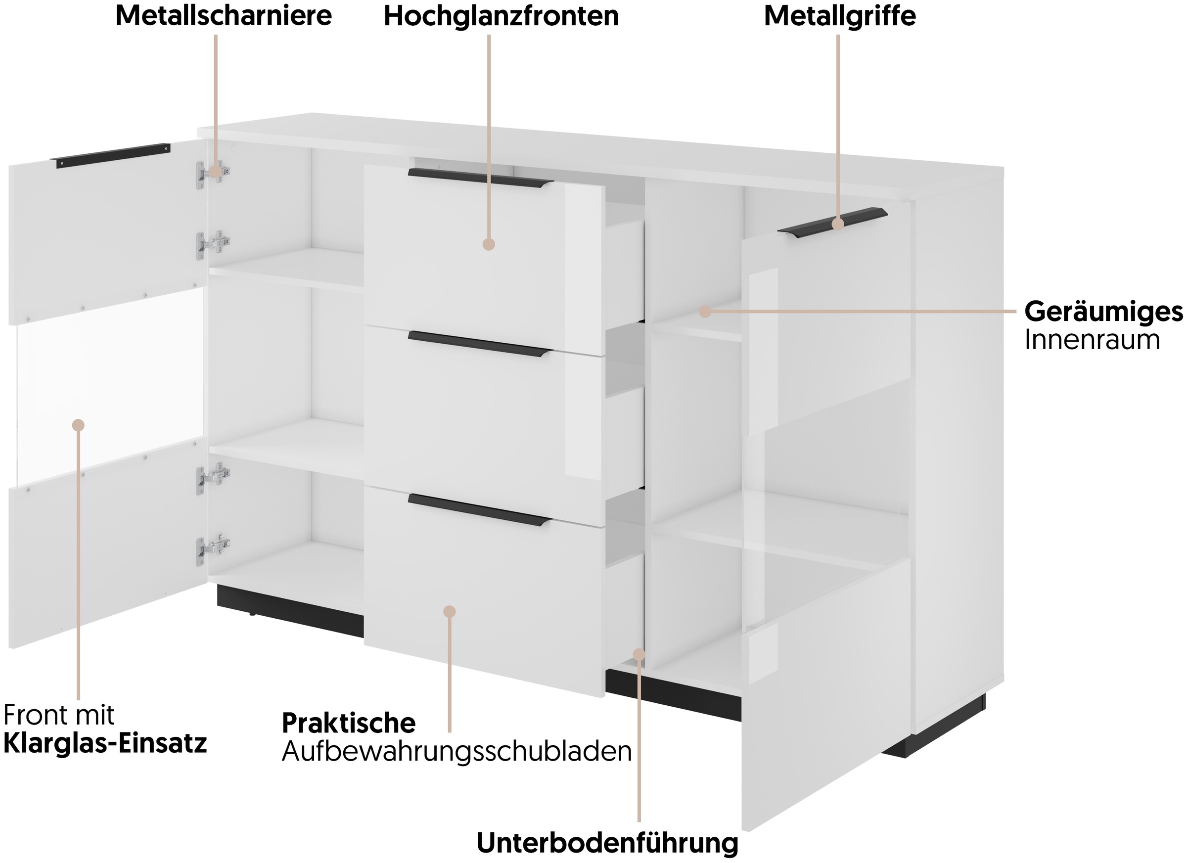 Home affaire Highboard »Tuluza, Breite 180 cm, moderne Hochkommode mit geräumiger Stauraum« Hochkommode mit 3 Schubladen, 6 Fächern, Glastüren, Hochglanzfront