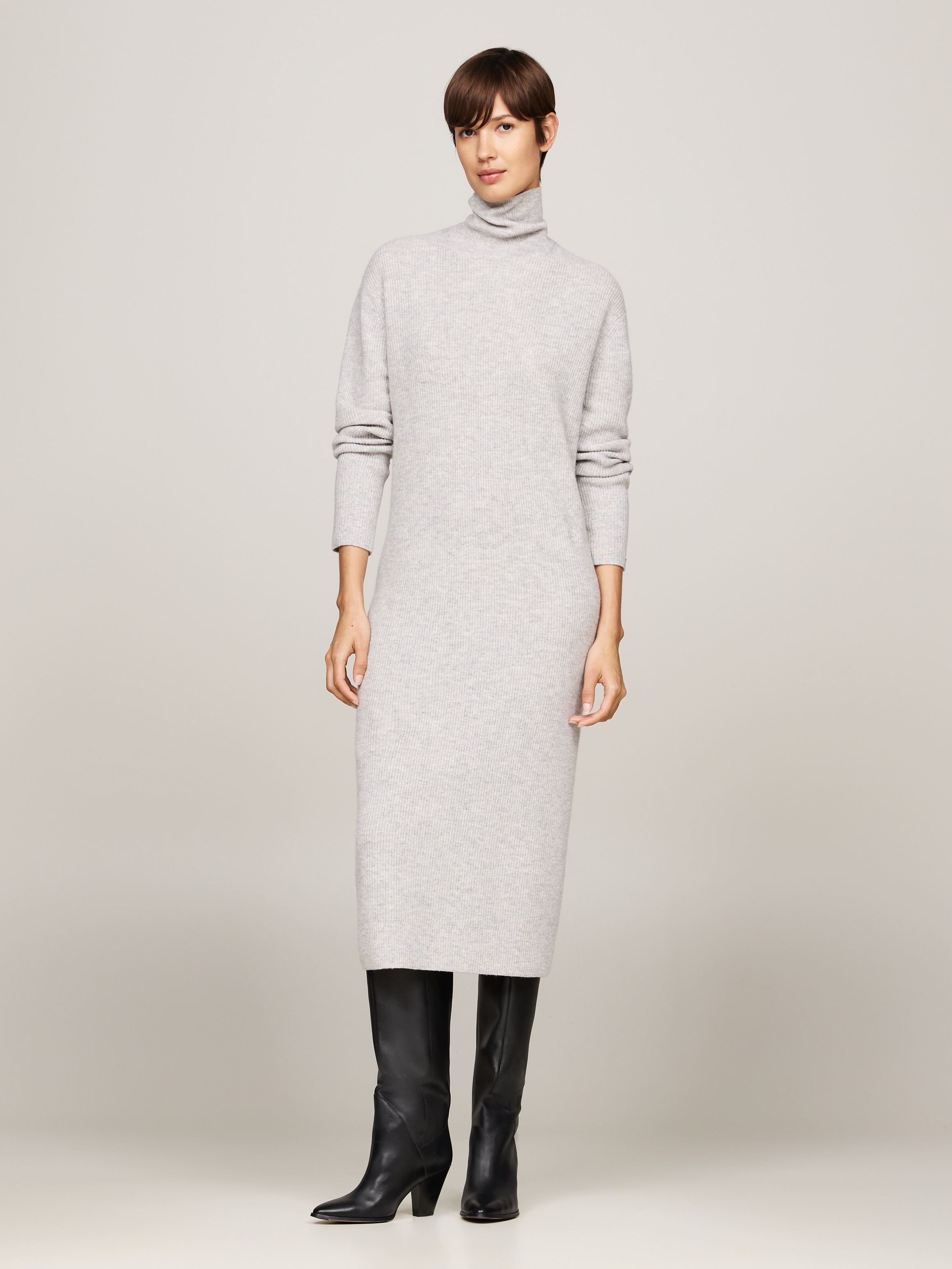 Tommy Hilfiger Strickkleid "WOOL CASH ROLL-NK LONG DRESS", mit Logostickerei, in Rippoptik