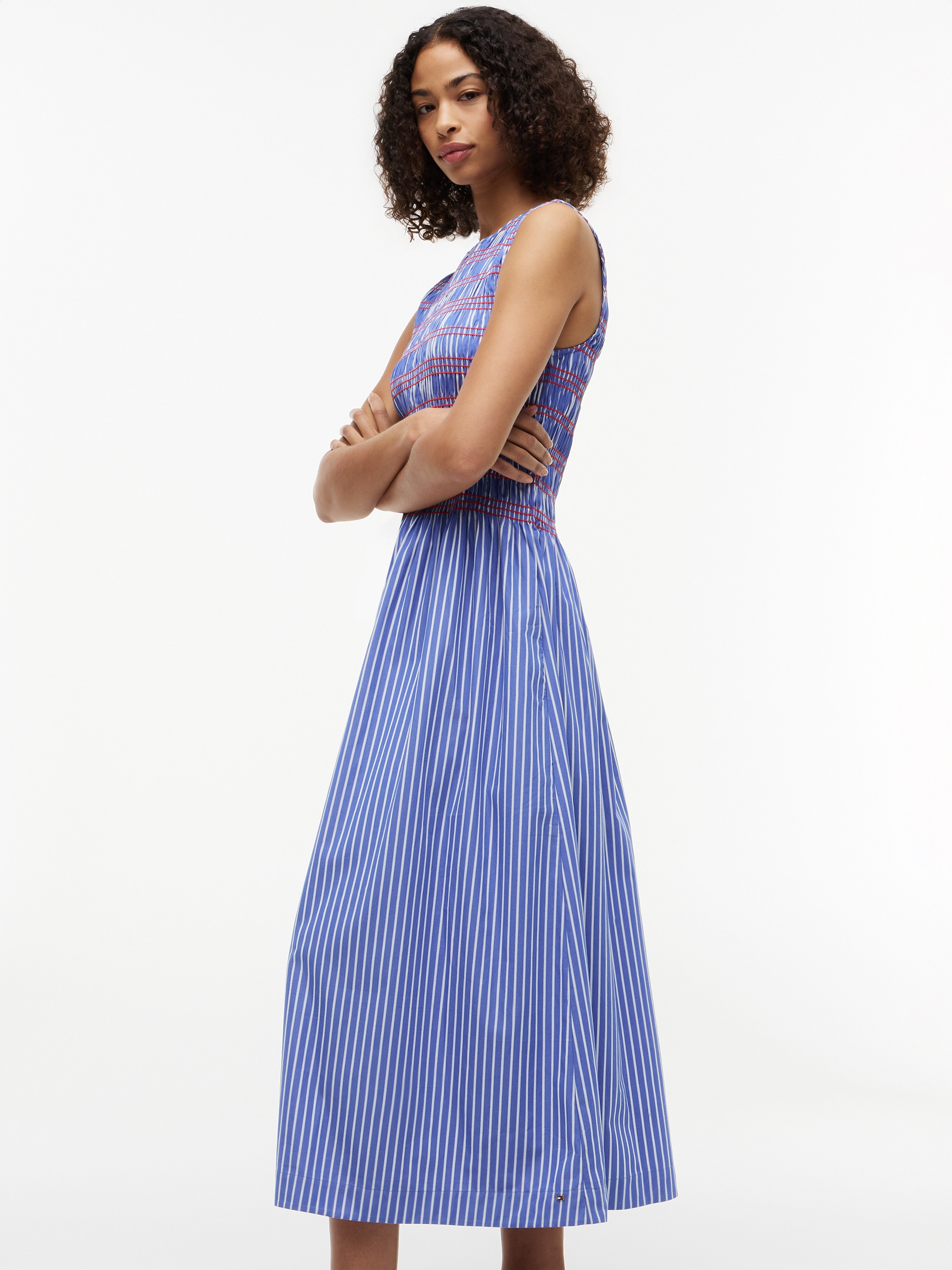Tommy Hilfiger Smokkleid »SMOCKING STRIPE NS MIDI DRESS« Ohne Tasche Baumwolle, wadenlang, gesmoktes Oberteil