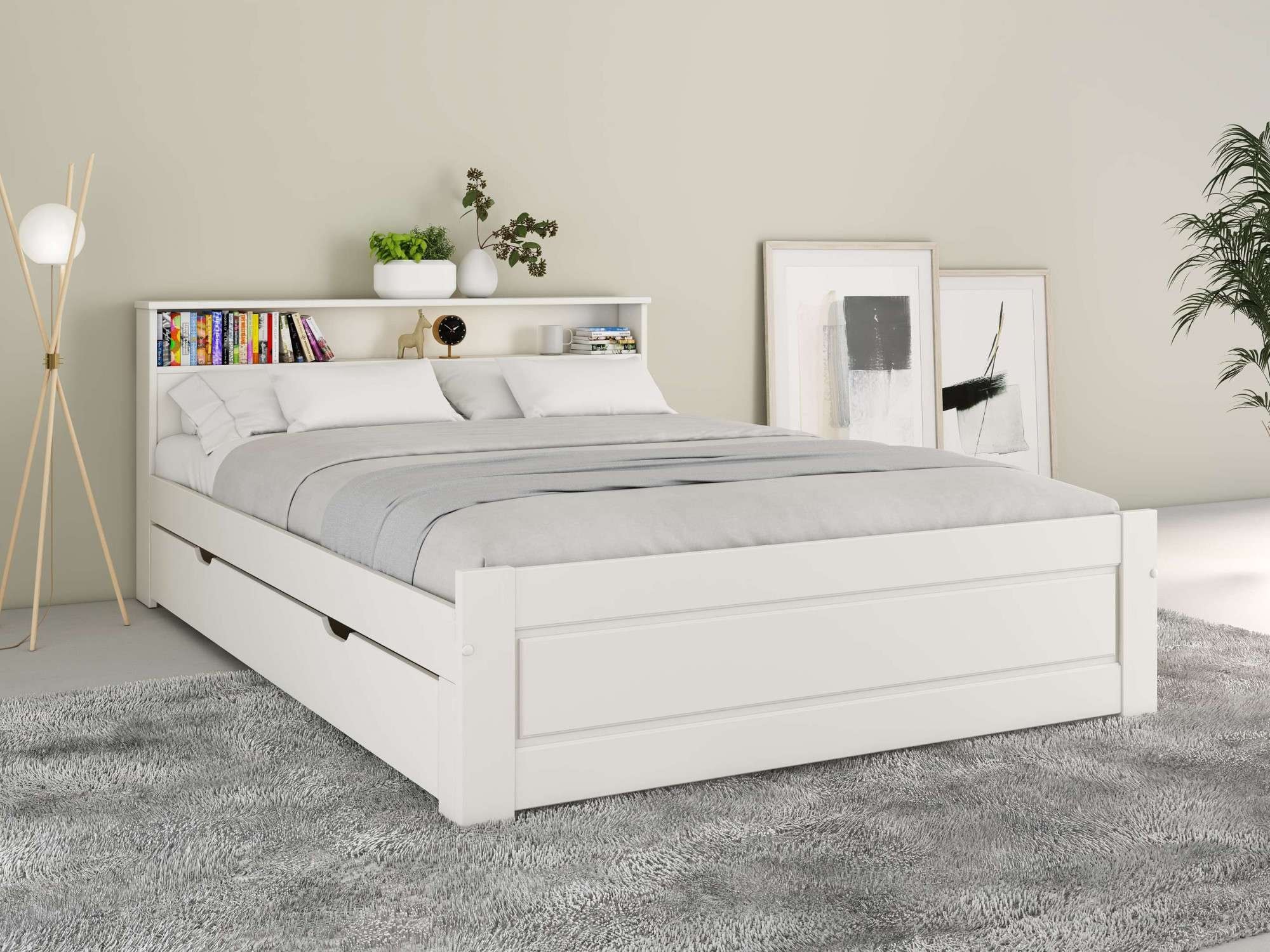 OTTO home Massivholzbett »FLAVION, TOPSELLER! Jugendbett, FSC® zertifizierte massive Kiefer« Breite: 140,  Qualitätsprodukt, Regal, Kassettenoptik, Schublade optional