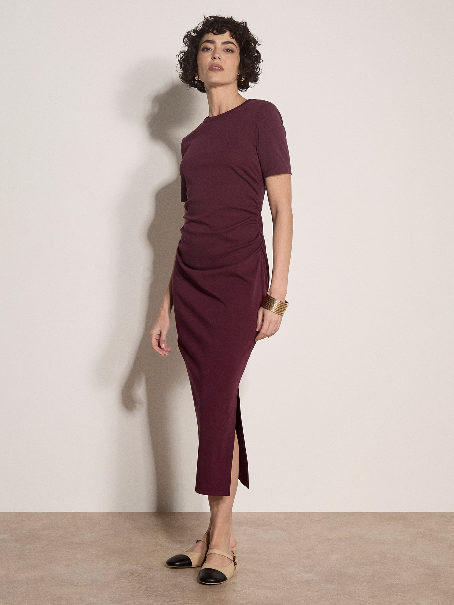 Apricot Midikleid "Plissiertes Kleid mit Rüschen" mit Raffungen