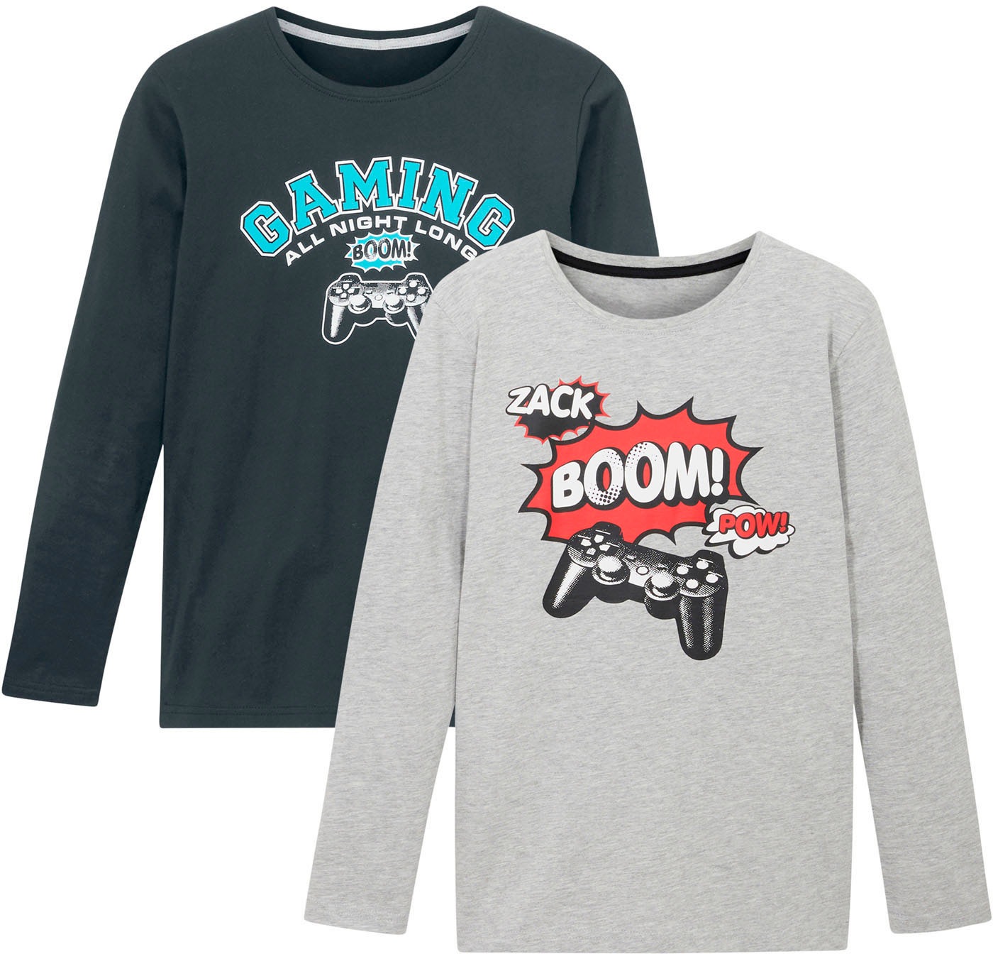 BONPRIX Jungen Langarmshirt, schwarz, Gr. 128, Obermaterial: 100% Baumwolle, Shirts, lockere Passform, mit Langarm, mit Gamer-Print, aus Baumwolle