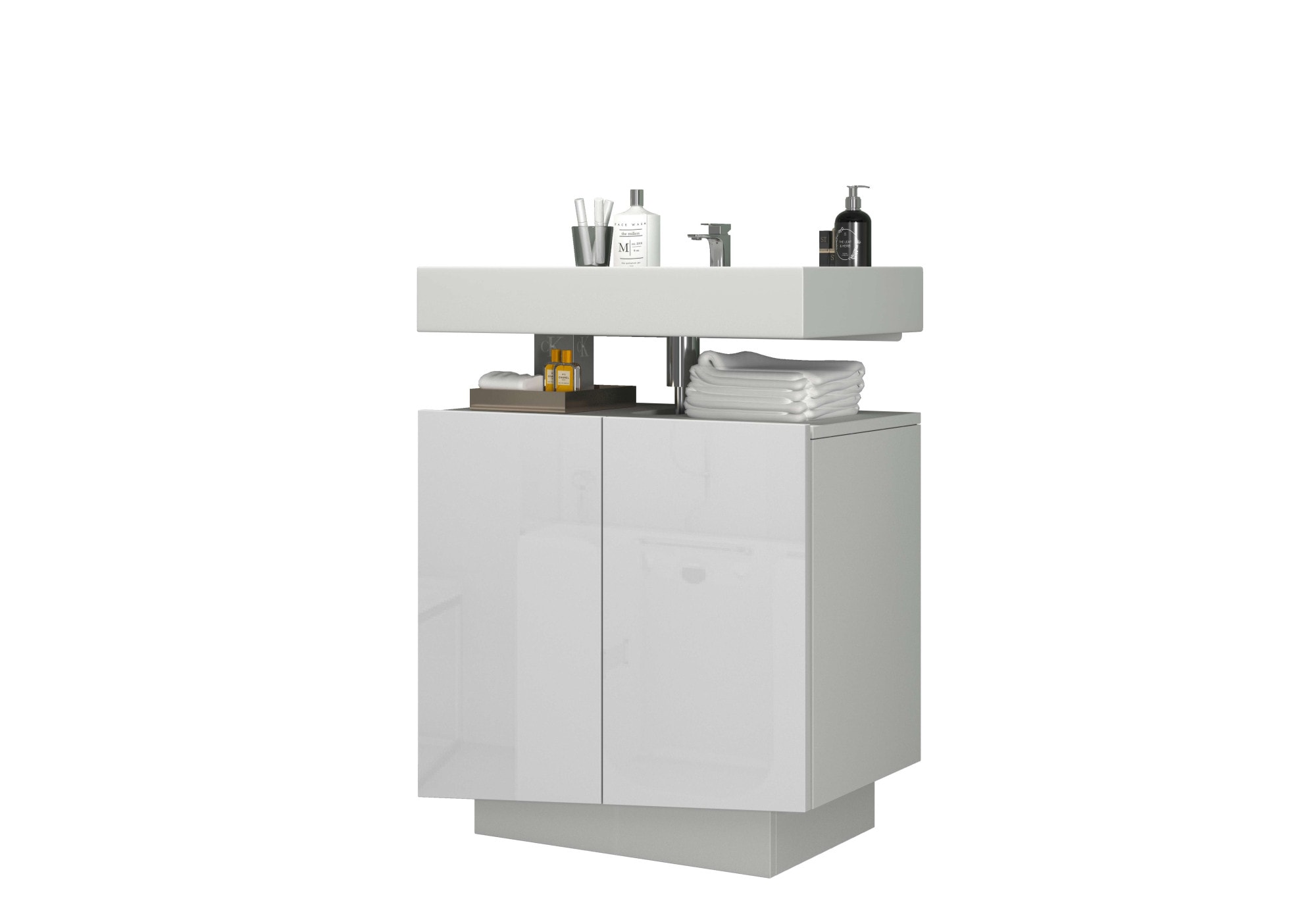 welltime Waschbeckenunterschrank "Vela,Breite 60cm, 2 Türen, 2 Fächer, mit Siphonausschnitt, lackiert" 1 Stk. tlg. Waschbeckenunterschrank,Waschtisch,Design mit schrägen Türen