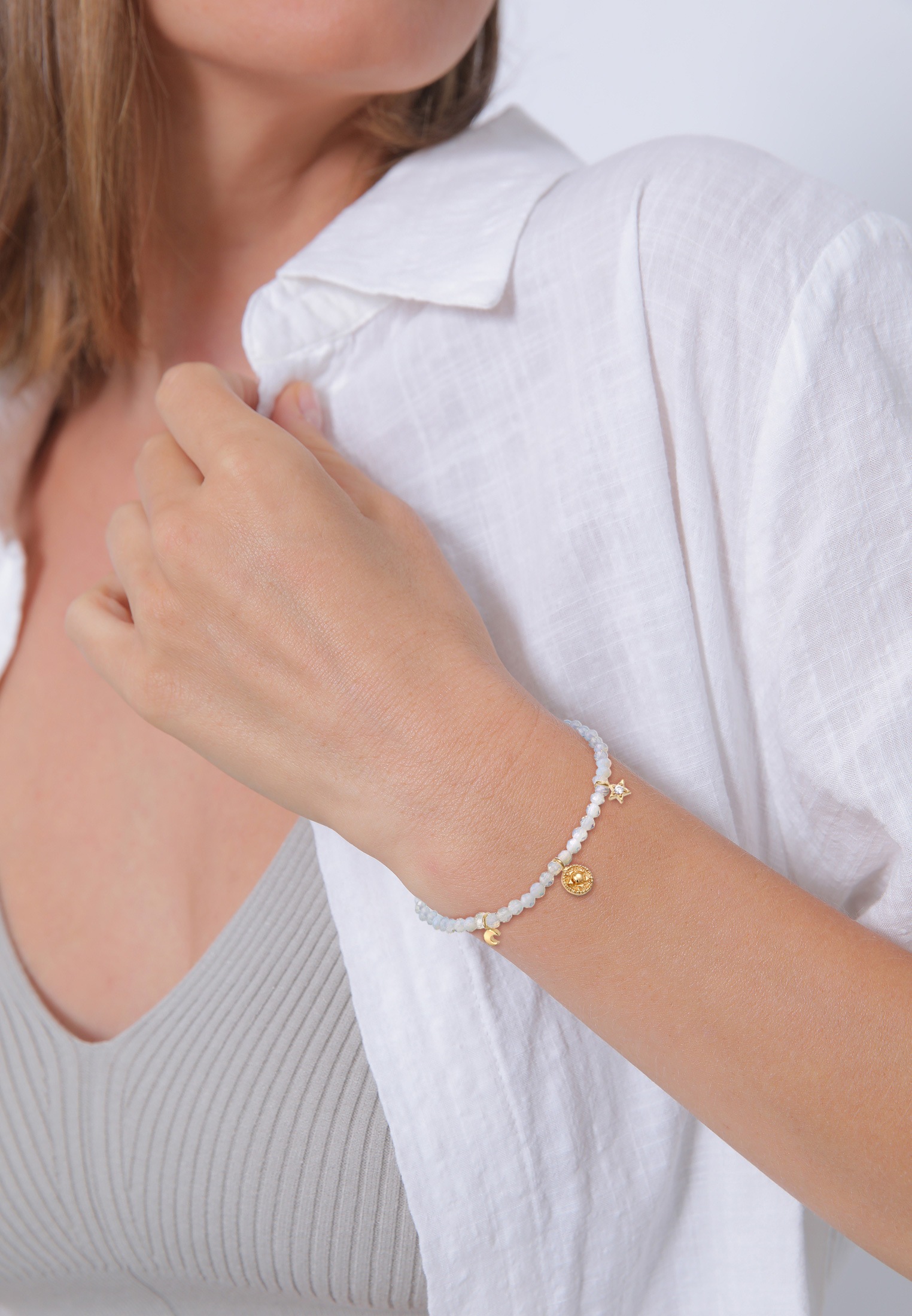 Elli Premium Armkette »Armband Mondstein Perlen Sonne Mond Stern Zirkonia Weiß 925 Sterling Silber vergoldet«
