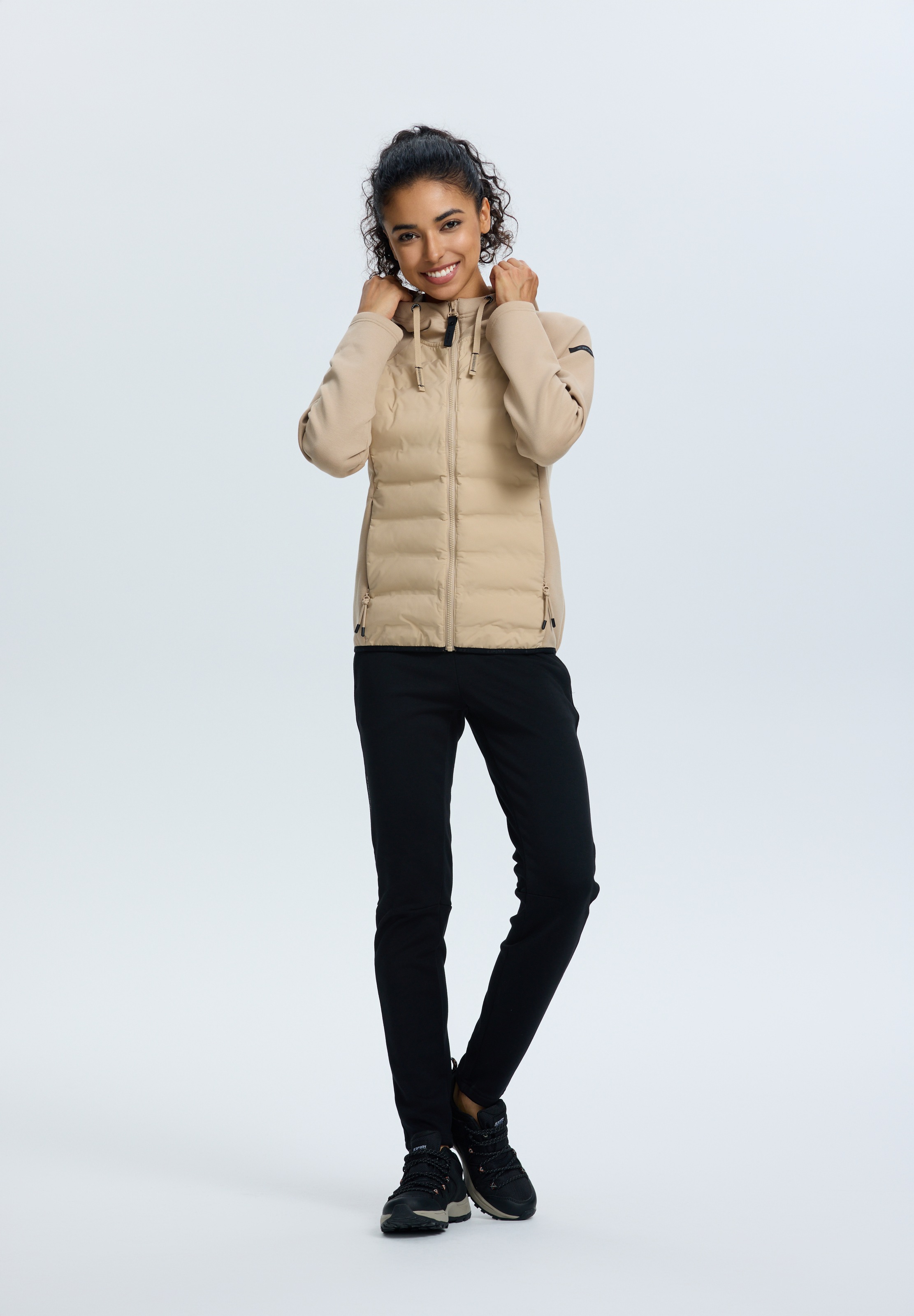 Hybridjacke ICEPEAK "ICEPEAK ASHBURN", Damen, Gr. S, cement, 1, Obermaterial: 80% Polyester, 14% Viskose, 6% Elasthan, normal, Jacken, für Erwachsene, mit wärmenden Materialeigenschaften, mit Kordelzügen