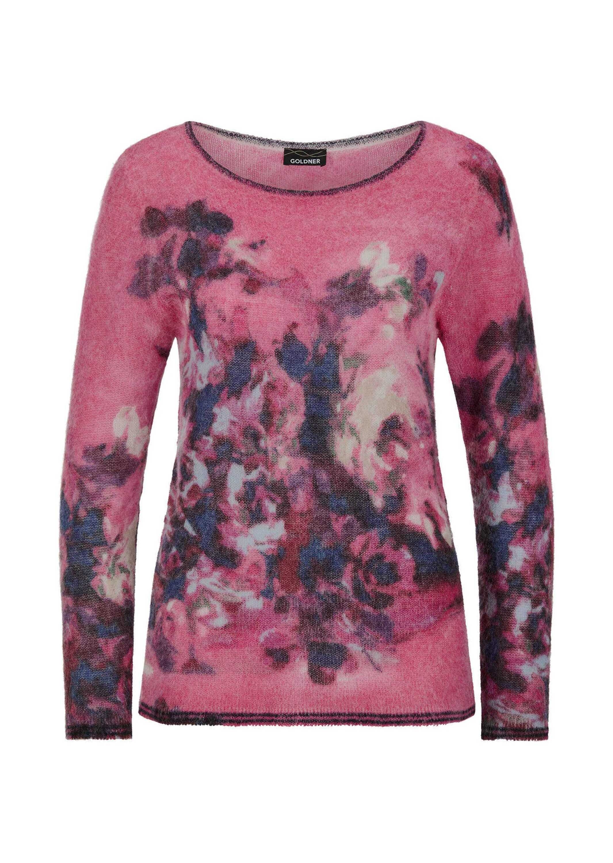 GOLDNER Rundhalspullover "Kurzgröße Wollpullover floral, U-Boot-Ausschnitt" günstig online kaufen