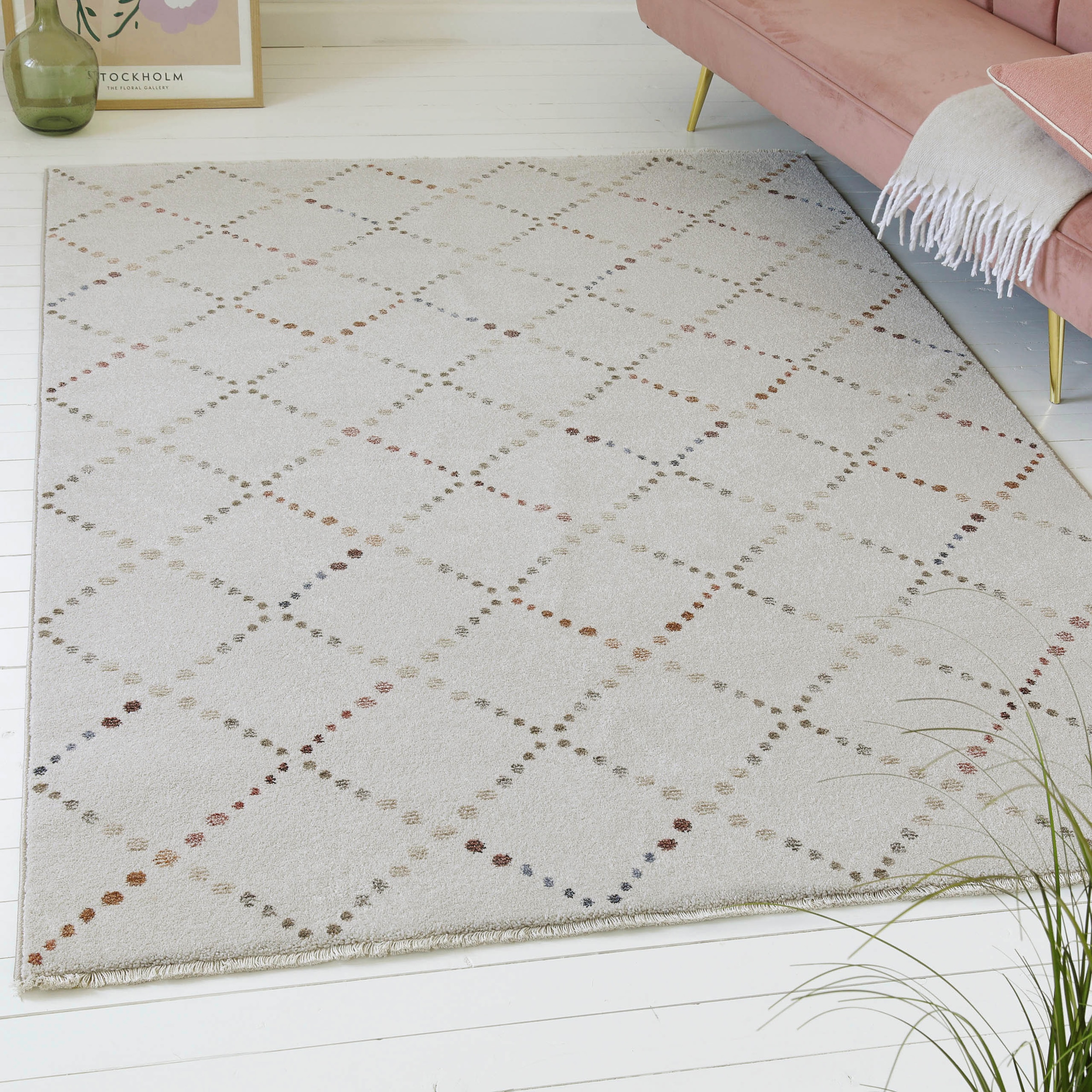 Teppich OTTO HOME "Thoren", beige, B:133cm H:12mm L:200cm, Polyester, Teppiche, Teppich, weicher Kurzflor, Rautenmuster mit Fransen, Wohnzimmer, Schlafzimmer