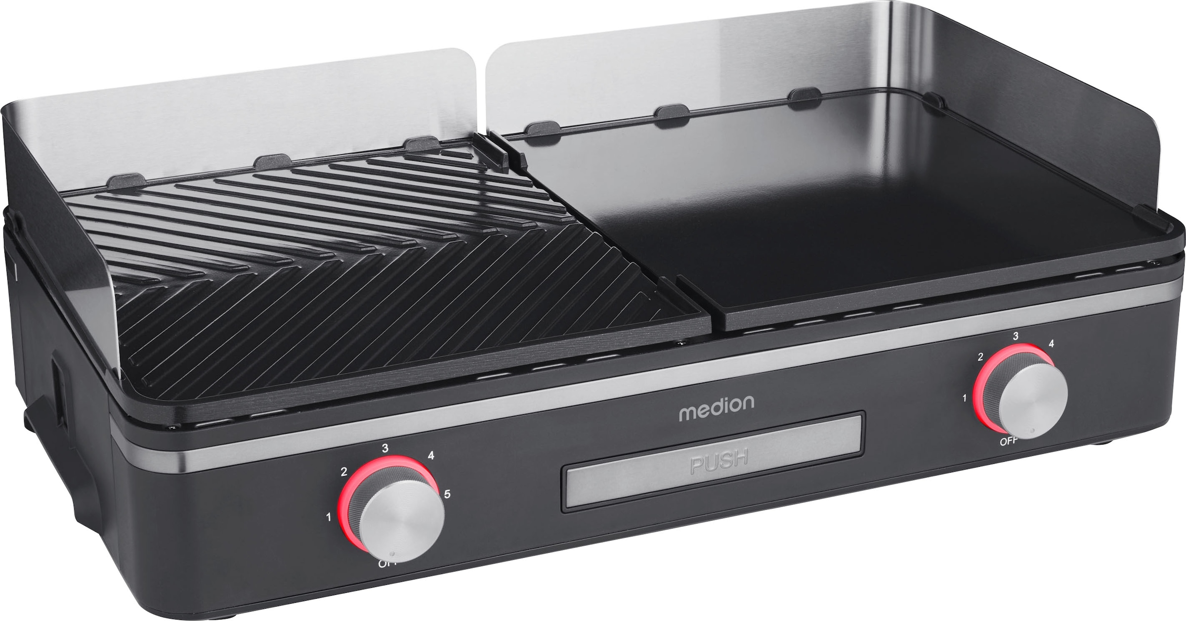 Medion® Tischgrill »MD12027, mit Dual-Zonen-System, 2,400 Watt, 2 abnehmbare Platten«, 2400 W, bis max. 240 °C, PFAS Frei, LED-Statusanzeige, IPX4-Schutz