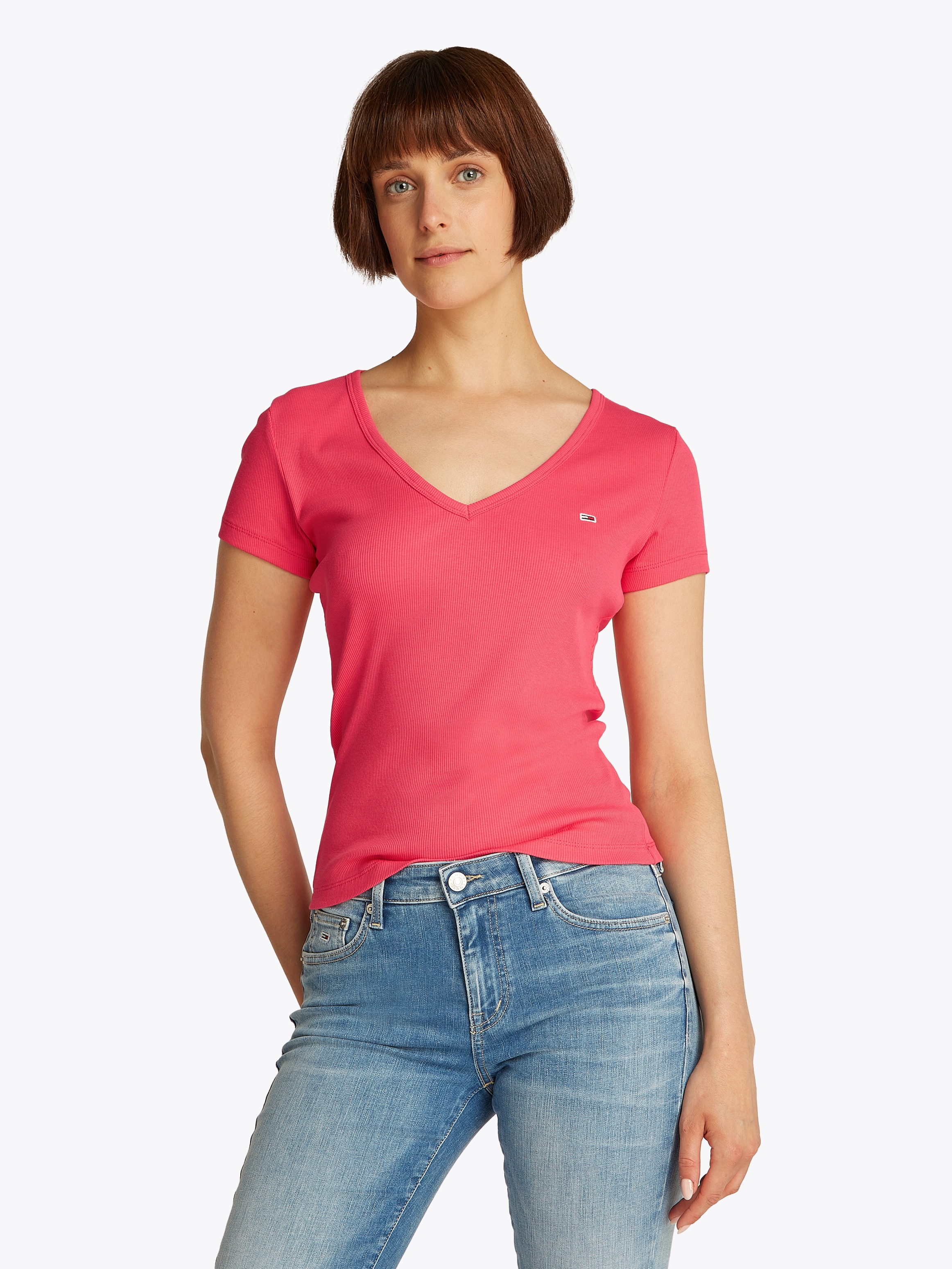 Tommy Jeans Kurzarmshirt "TJW SLIM ESSENTIAL RIB V SS", in gerippter Strukt günstig online kaufen