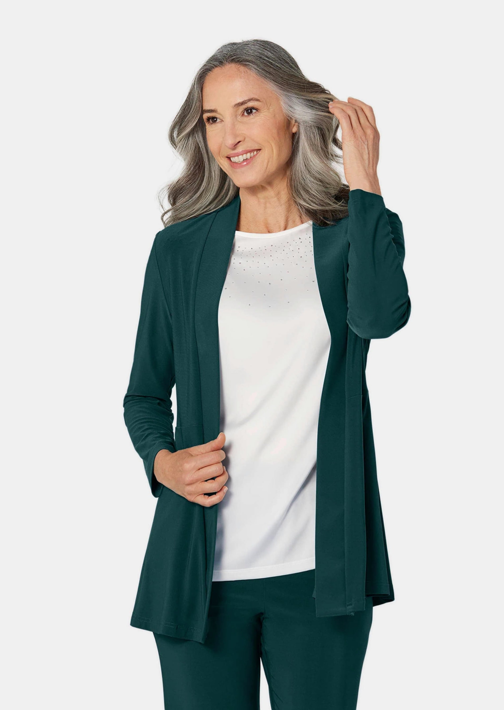 GOLDNER Sweatjacke »Jersey-Longjacke Weich fallende Jersey-Longjacke«