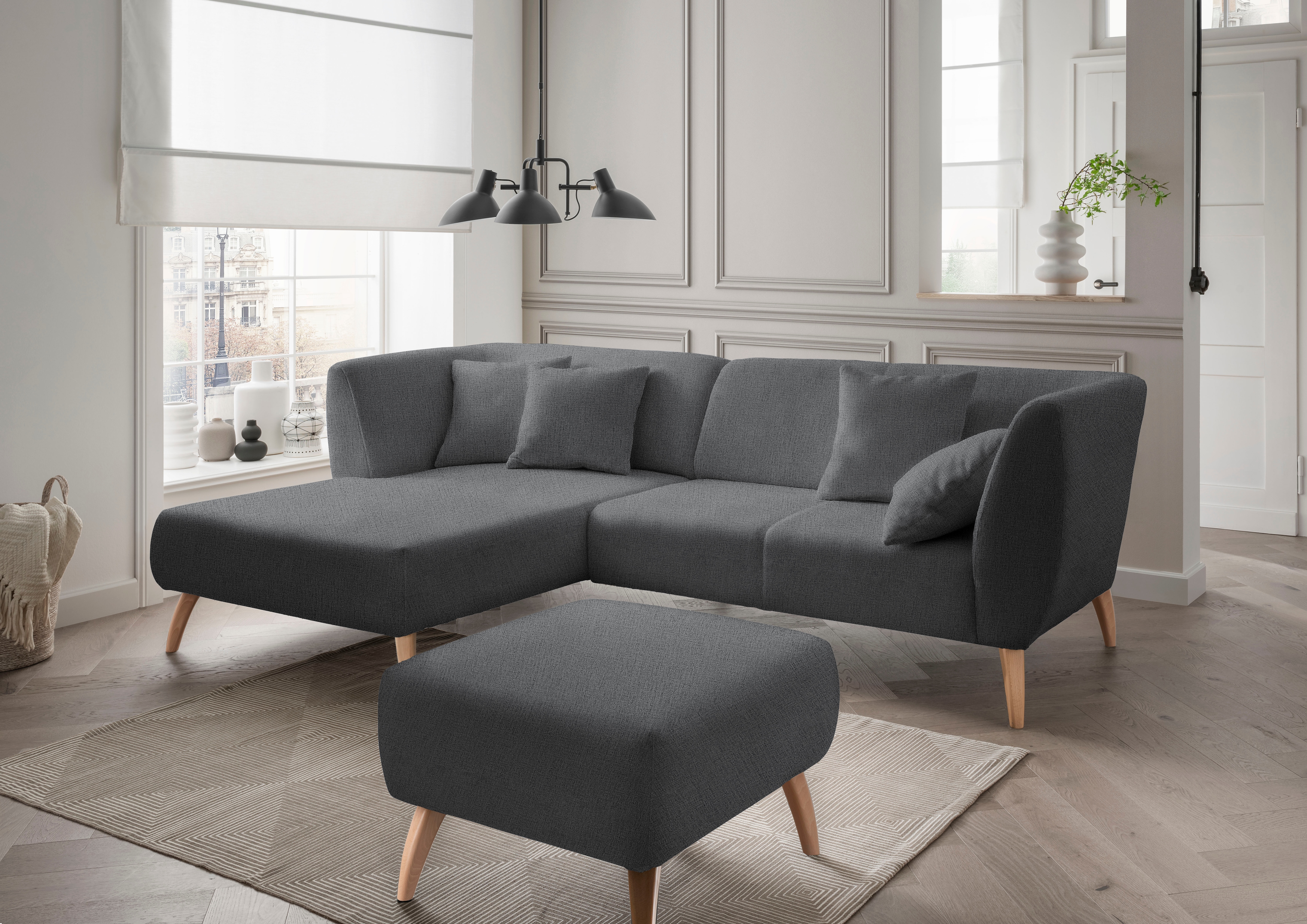 Home affaire Ecksofa "Lazio modern und bequem, schmale Armlehnen, tolle Detailverarbeitung" Holzfußfarbe wählbar, inkl. 4x Zierkissen