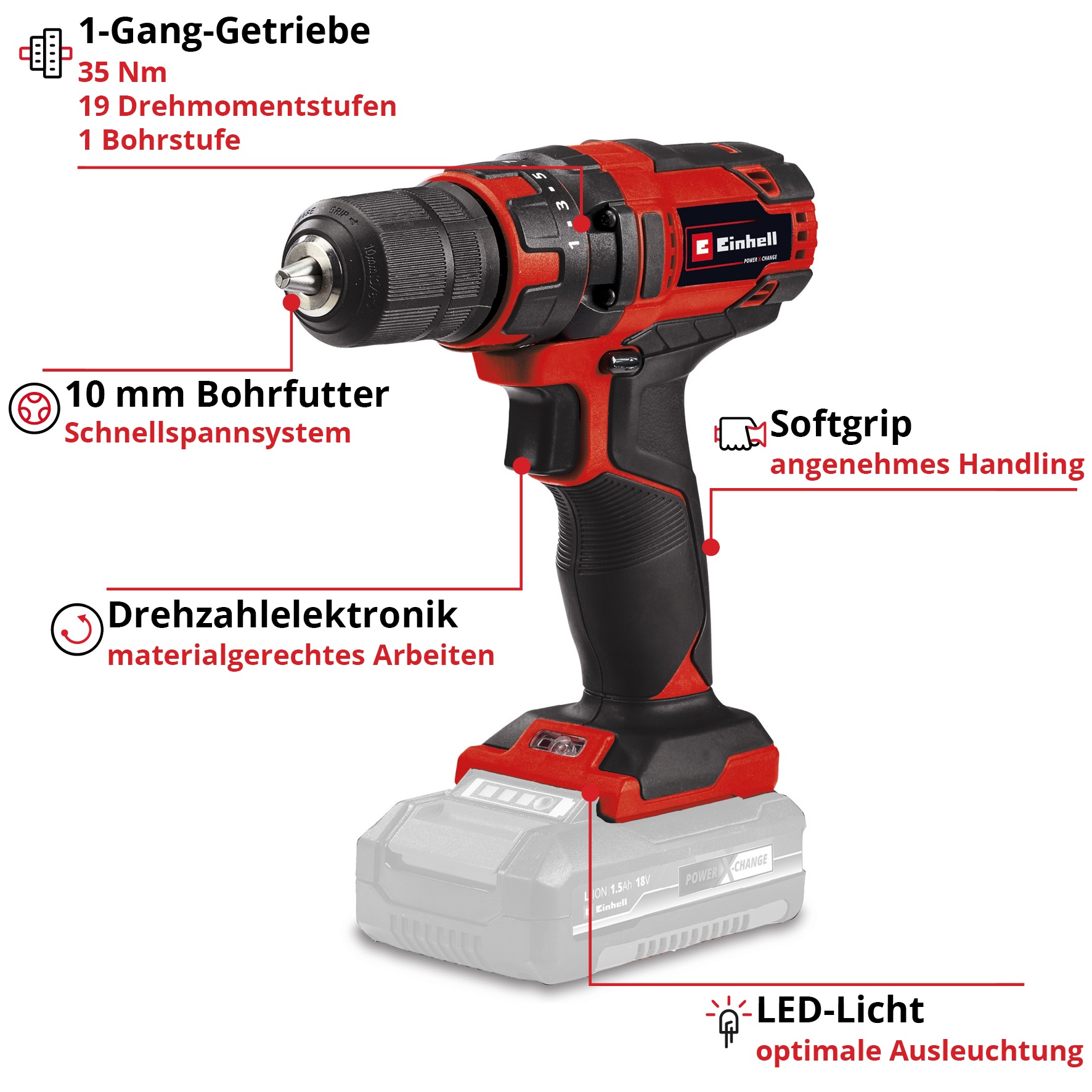 Thumbnail - Einhell Akku-Bohrschrauber "TC-CD 18/35 Li - Solo", Power X-Change, ohne Akku und Ladegerät