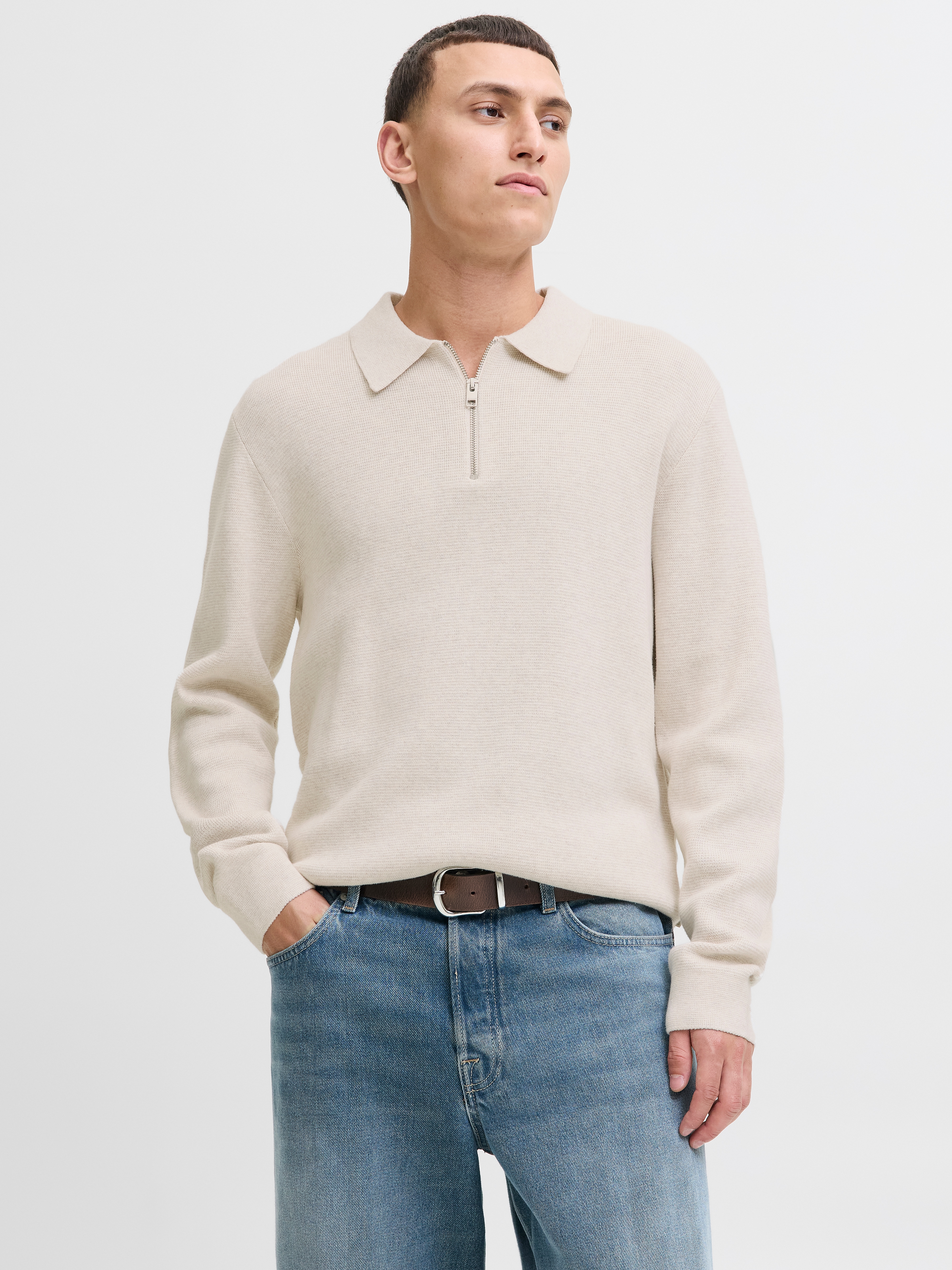 Jack & Jones Polokragenpullover "JPRBLAMILANO STITCH KNIT ZIP POLO SN" Baumwolle, locker geschnitten
