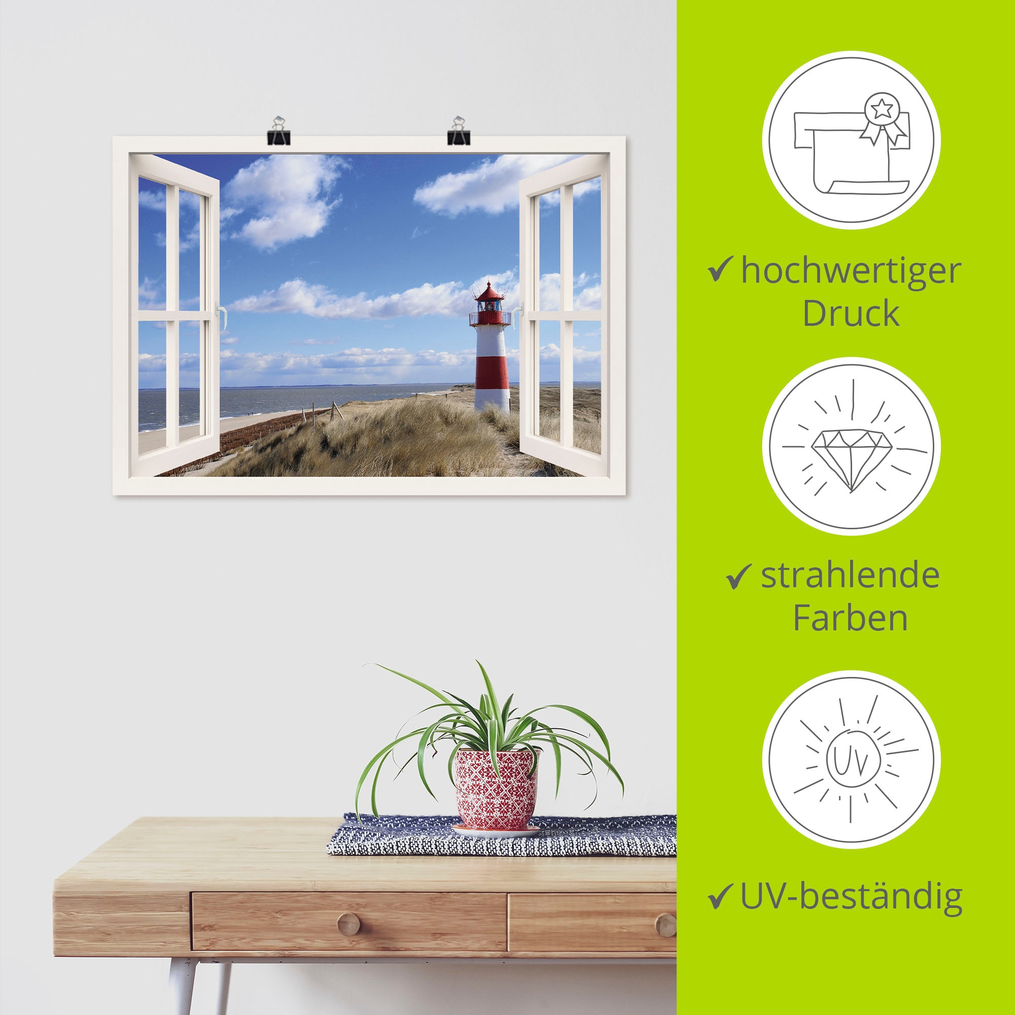 Artland Wandbild »Fensterblick - Leuchtturm Sylt«, Fensterblick, (1 St.), als Leinwandbild, Poster, Wandaufkleber in verschied. Größen