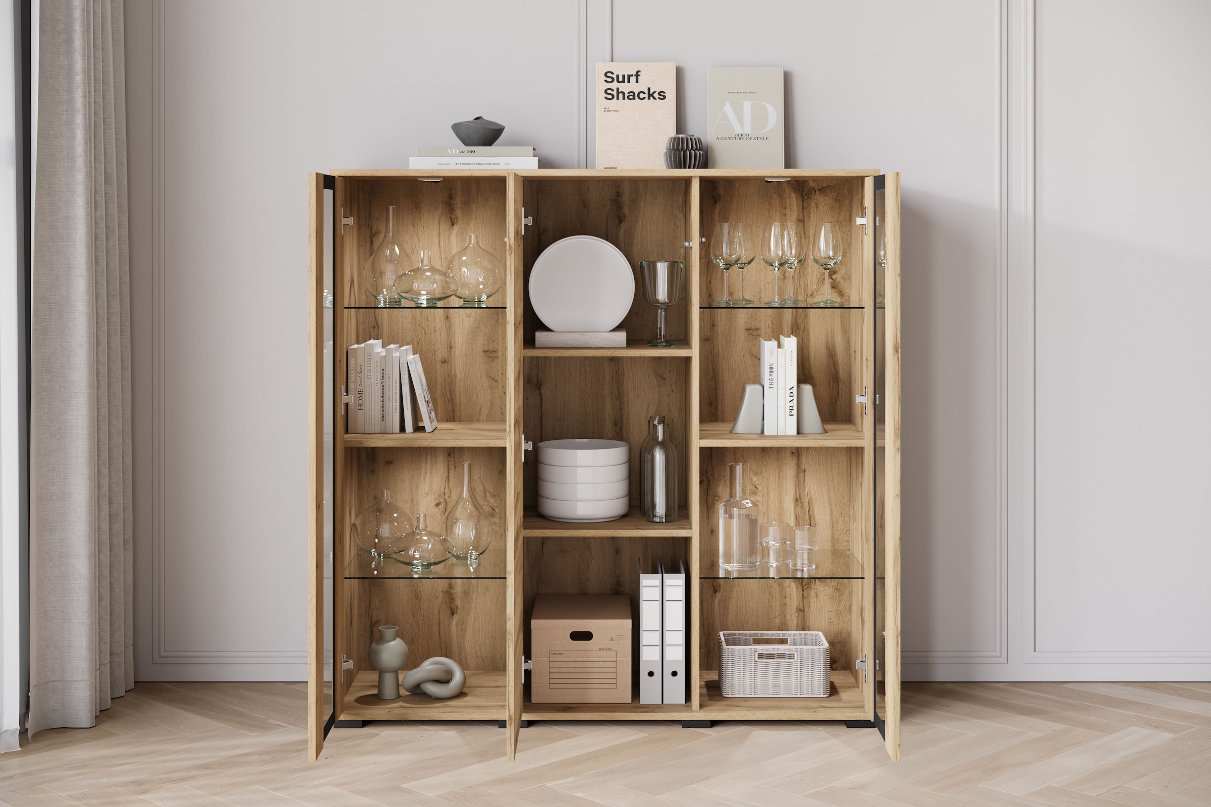 INOSIGN Highboard »Caro, modernes Design mit Glaseinsätzen, Breite 120 cm«, (1 St.), grifflose Fronten mit Push-to-Open, höhenverstellbare Einlegeböden