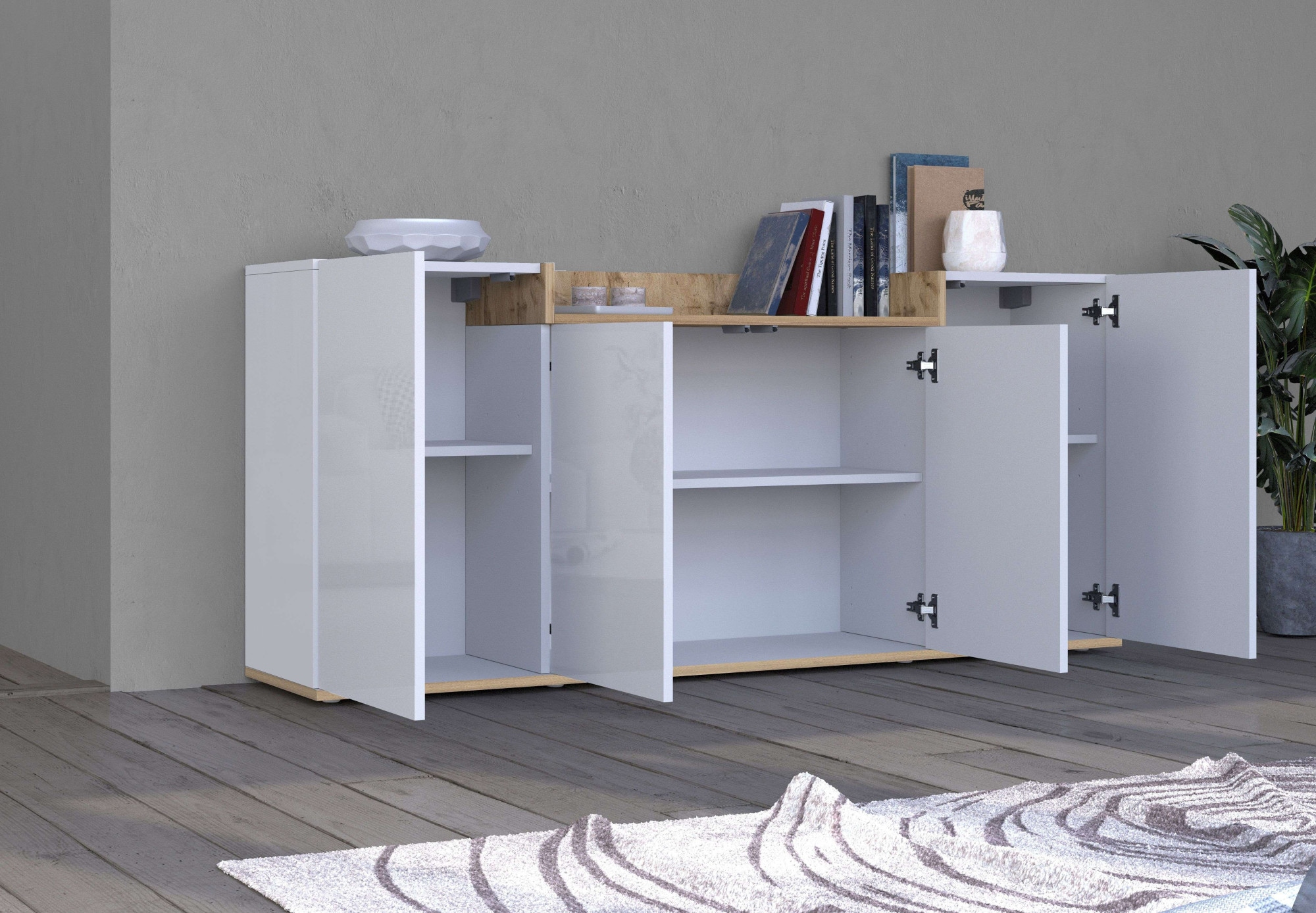 OTTO home Sideboard »BOLSENA, Kommode, Schrank,Lowboard mit 6 Fächer und offenes Ablagefach« 1 Stk. tlg. Breite 160 cm,stehend/hängend,Fronten Hochglanz lackiert,Made in Italy