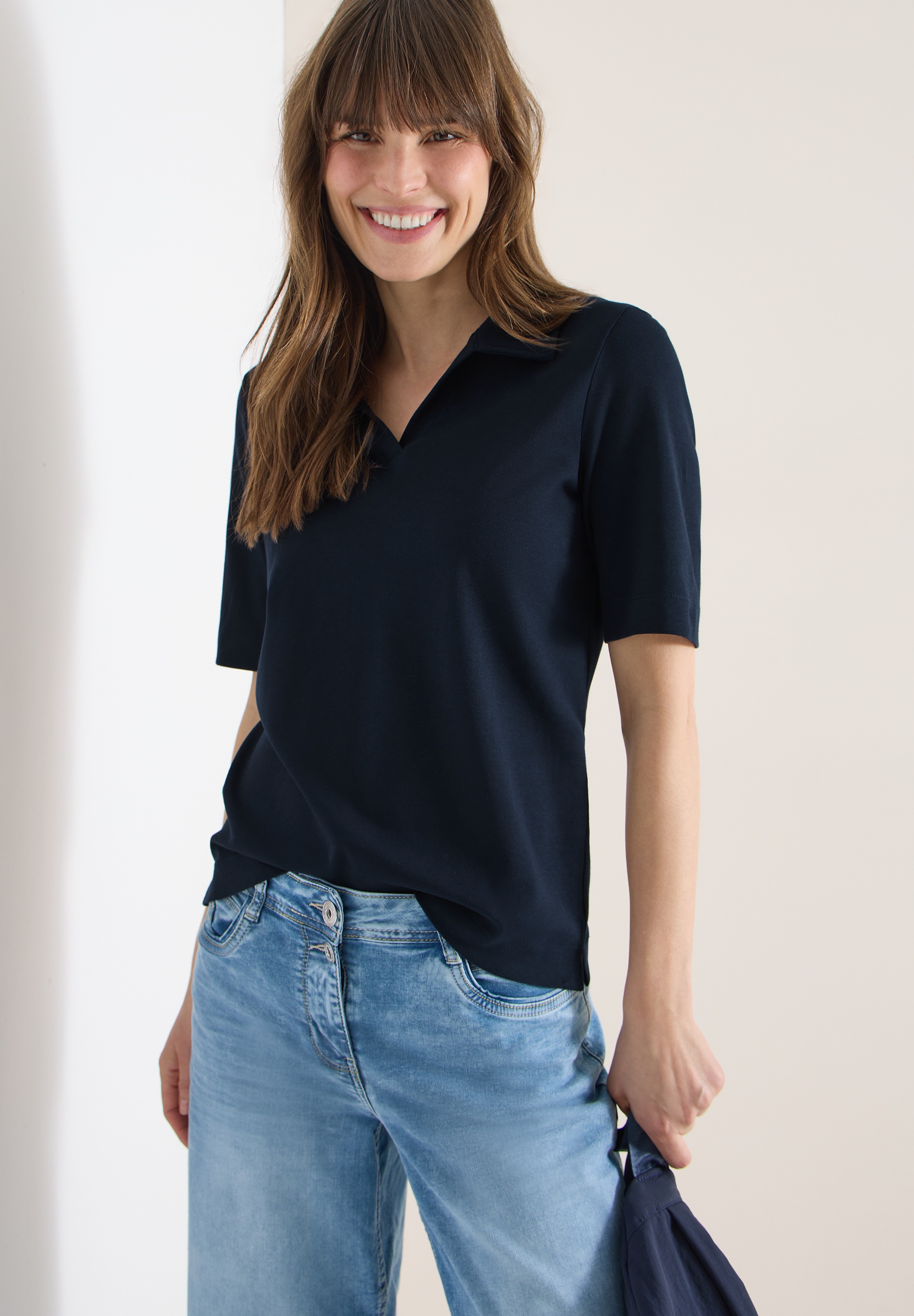 Poloshirt CECIL, Damen, Gr. XS (36), universal blau, Jersey, Obermaterial: 100% Baumwolle, unifarben, regular fit normal, ohne Ausschnitt, Shirts, mit seitlichen Schlitzen im Saum