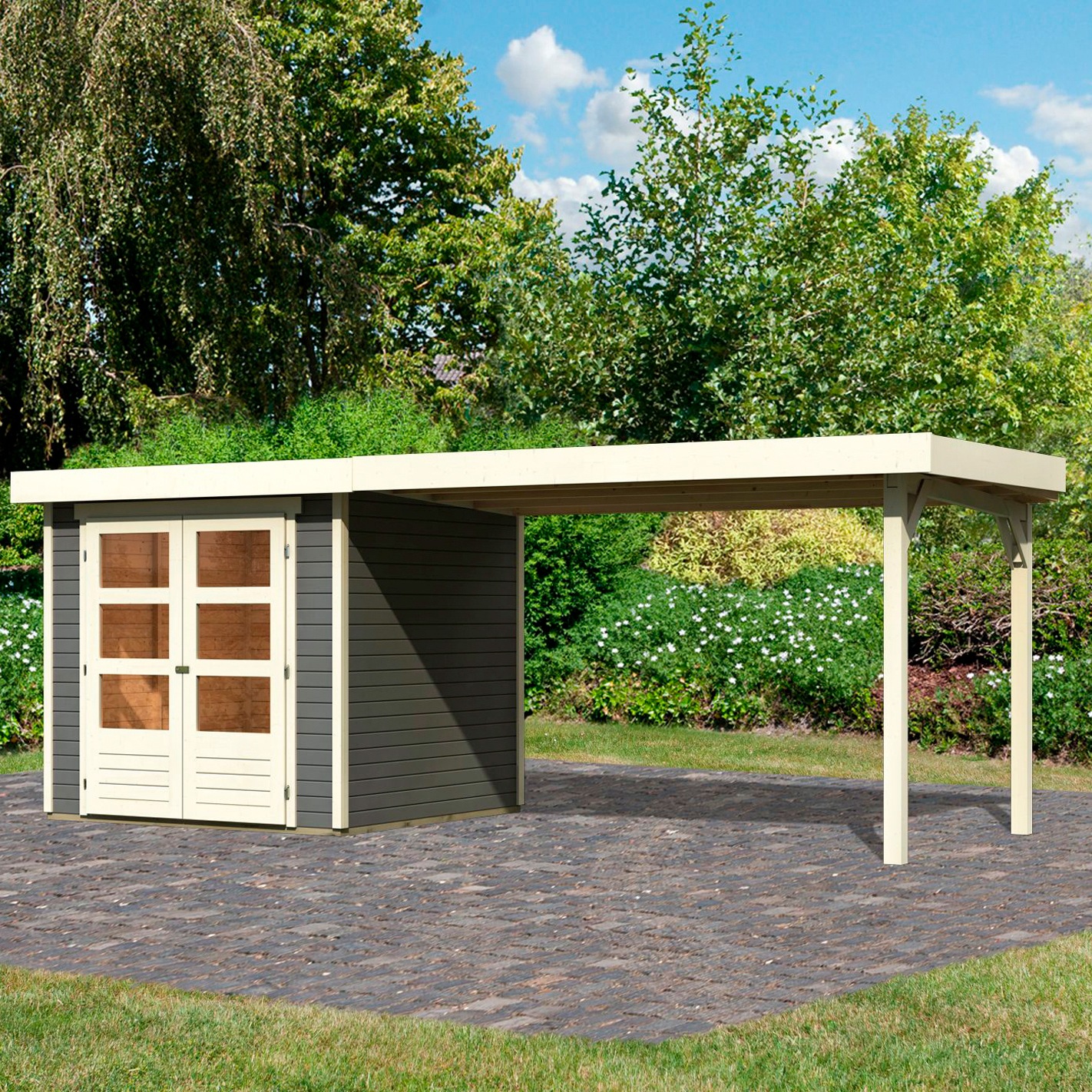 Karibu Gartenhaus "Arnis" mit Anbaudach 2,80 m Breite günstig online kaufen