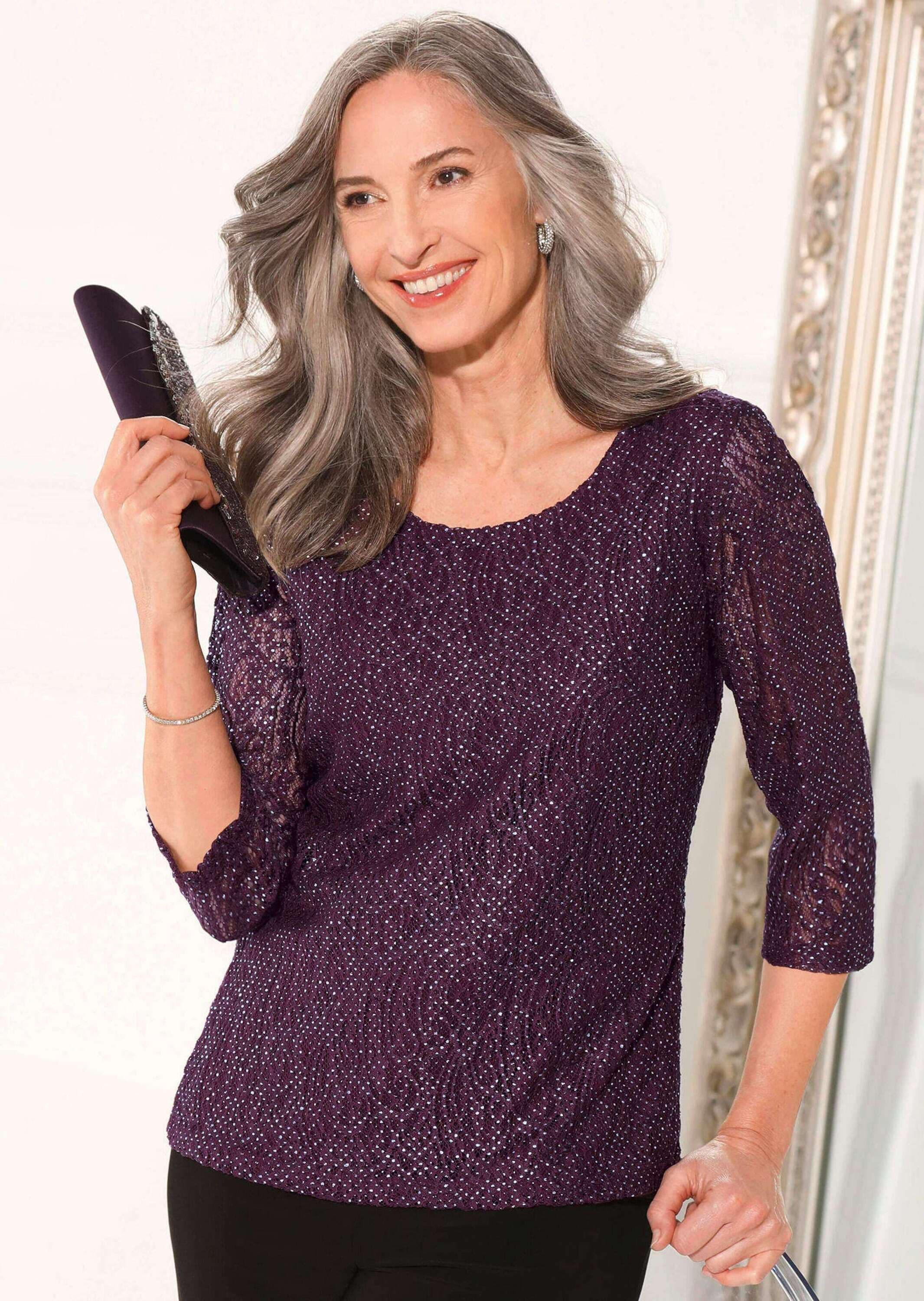 GOLDNER Kurzarmbluse »Kurzgröße Elegantes Blusenshirt mit Glanzeffekt« Blickdicht durch eingearbeitetes Top