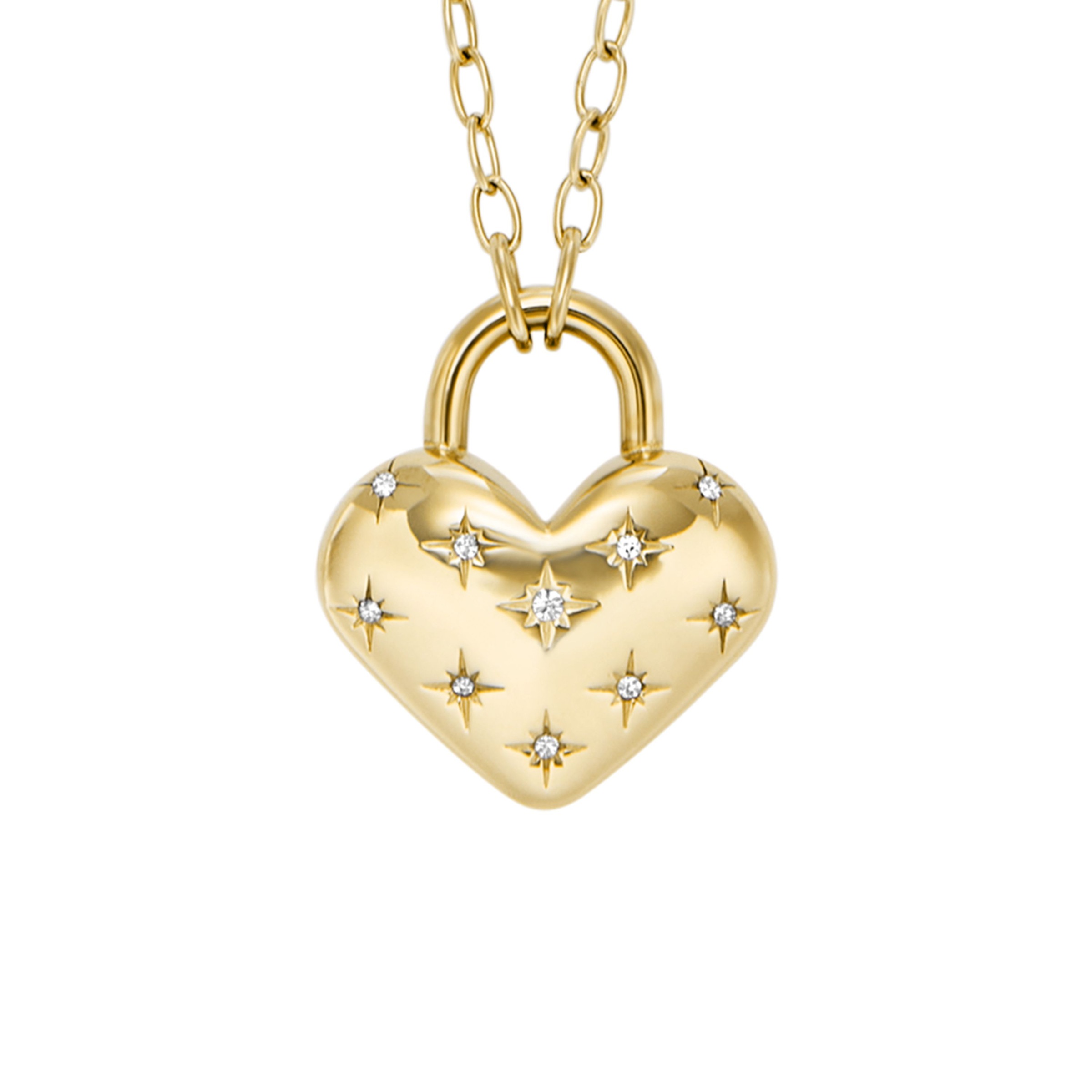Kette mit Anhänger FOSSIL "Schmuck Geschenk Edelstahl SADIE Herz", gold (gelbgoldfarben, kristallweiß), Halsketten, Damen, Edelstahl, L: 71 B: 2,5mm, mit Glasstein, B:2,5mm 2