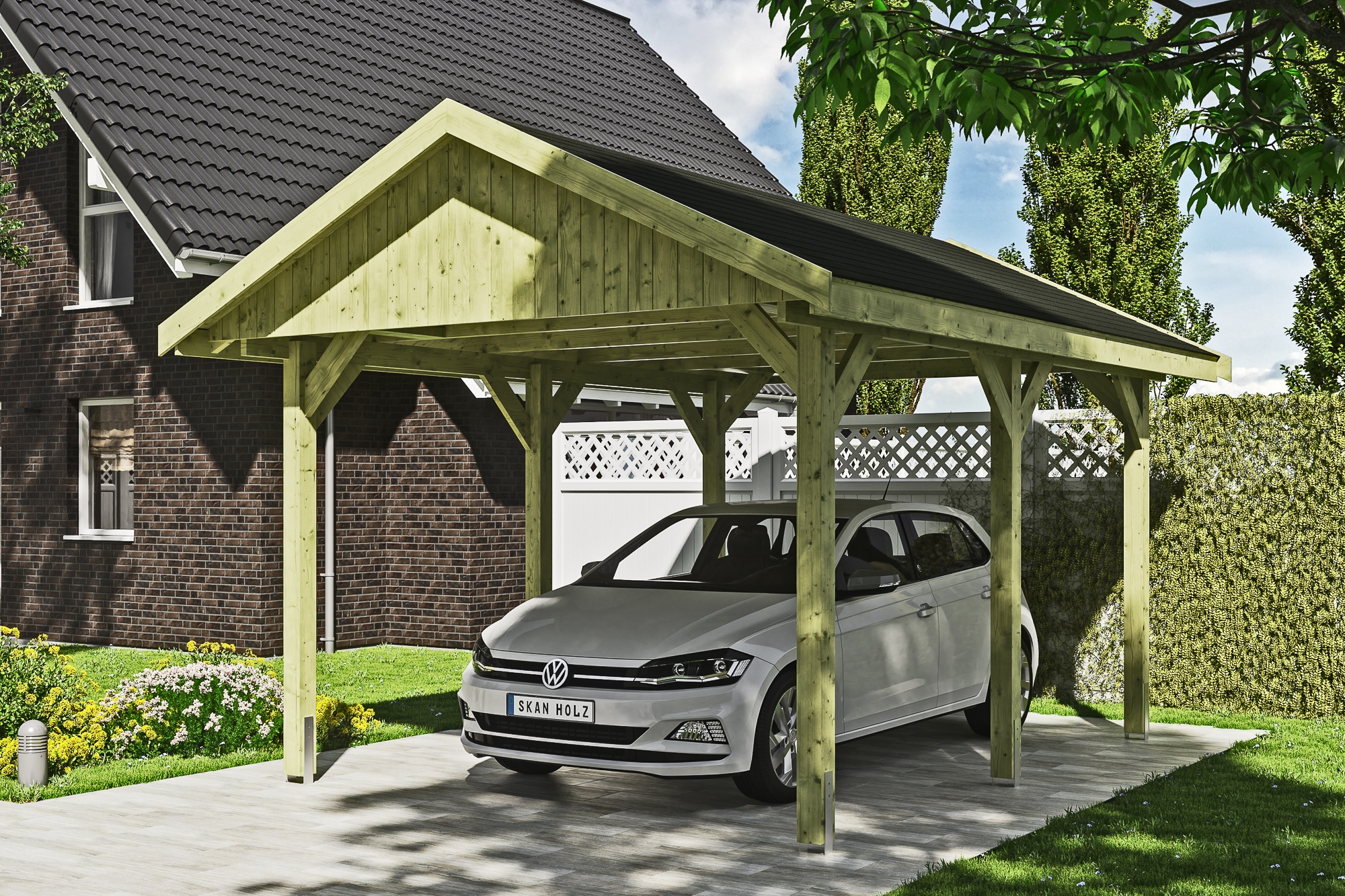 Skanholz Einzelcarport »Wallgau«, Nadelholz, 291 cm, Grün, mit schwarzen Dachschindeln