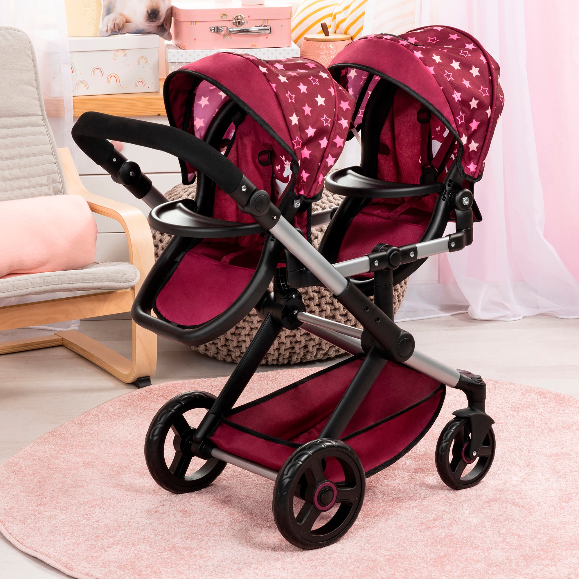 Bayer Puppen-Zwillingsbuggy »Xeo Twin bordeaux«, mit Wickeltasche