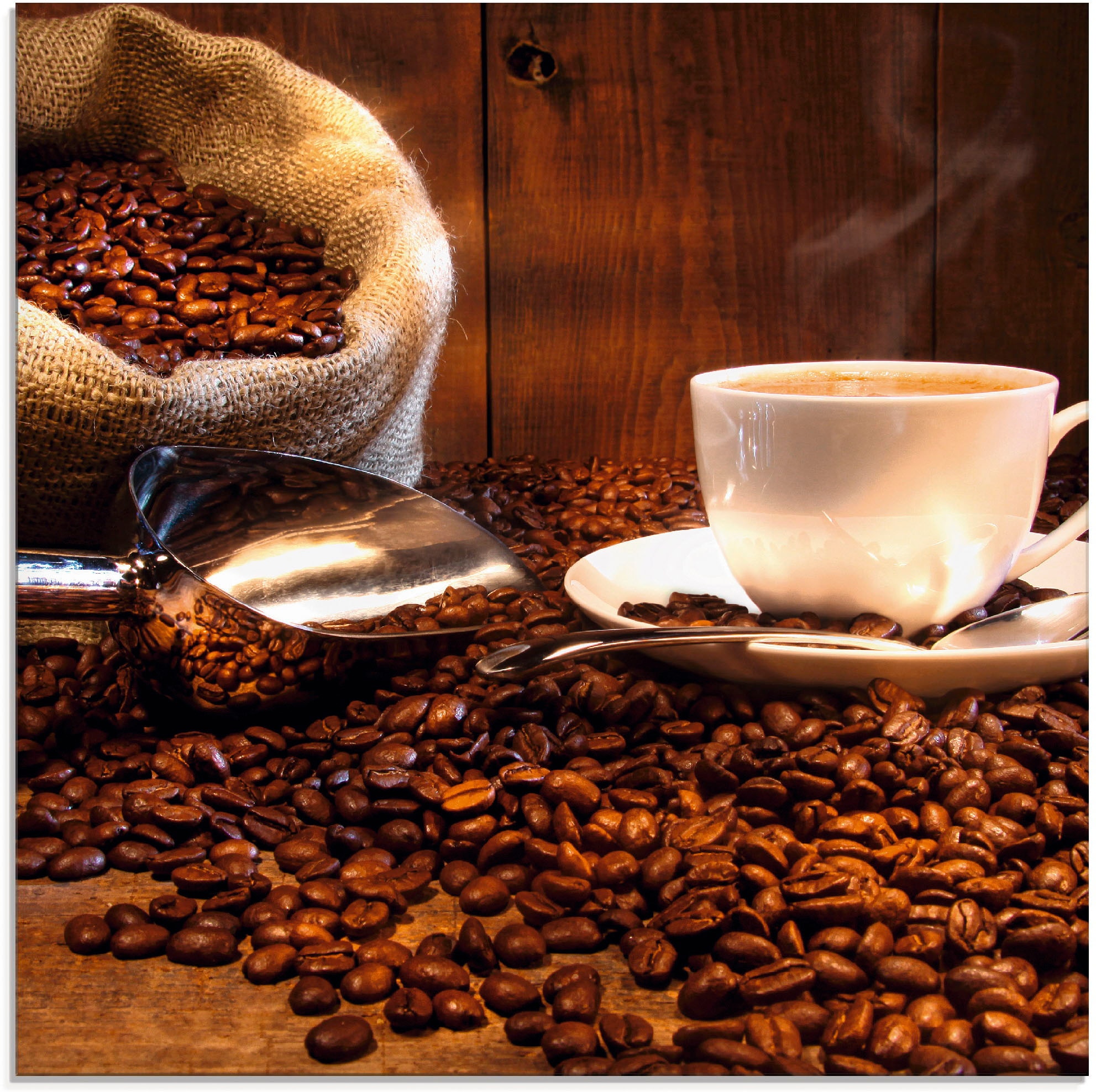 Artland Glasbild "Kaffeetasse und Leinensack auf Tisch", Getränke, (1 St.), in verschiedenen Größen