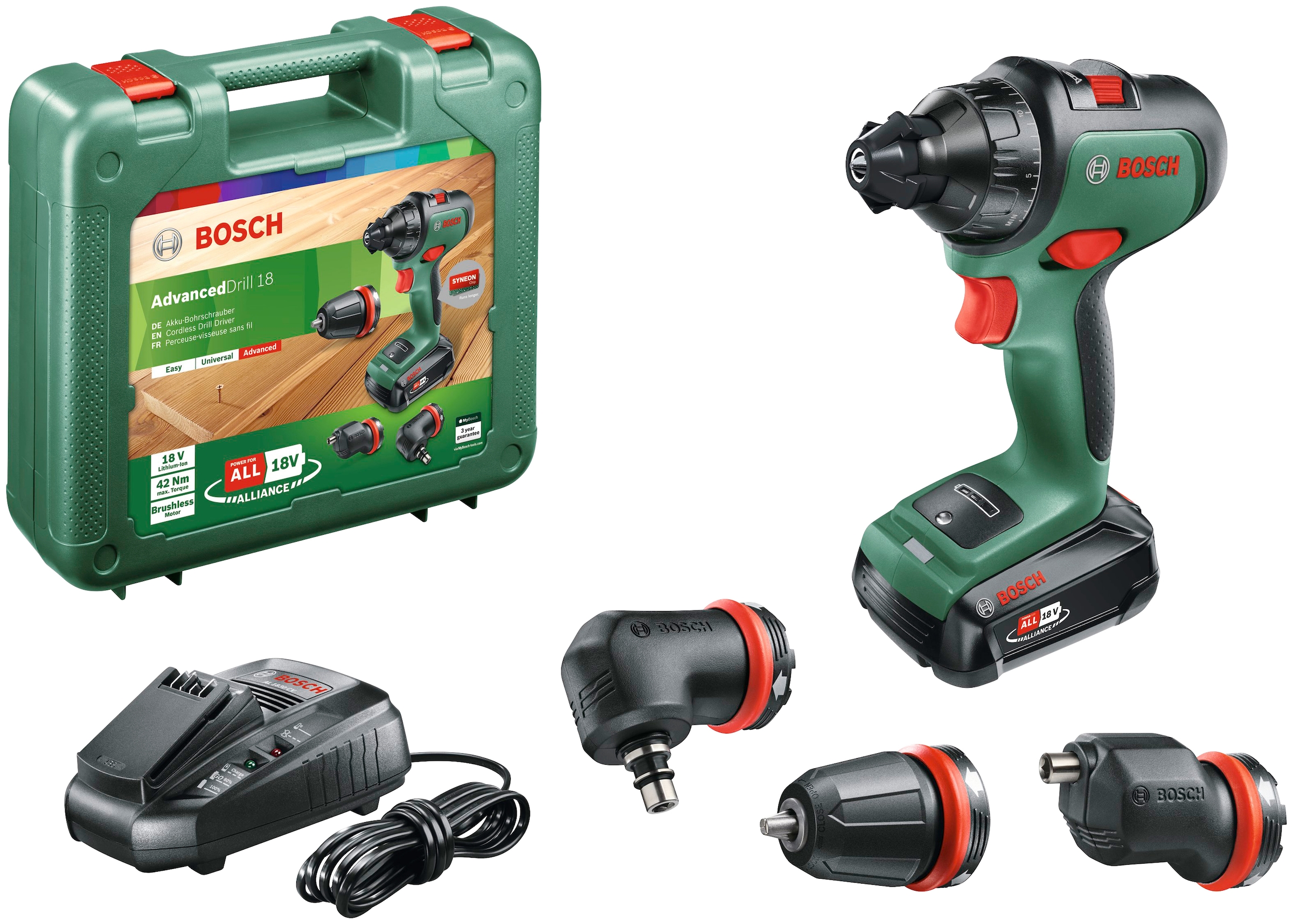 Bosch Home & Garden Akku-Schrauber "AdvancedDrill 18", mit 18V Akku, Ladegerät, 3 Bohrfutteraufsätze und Koffer