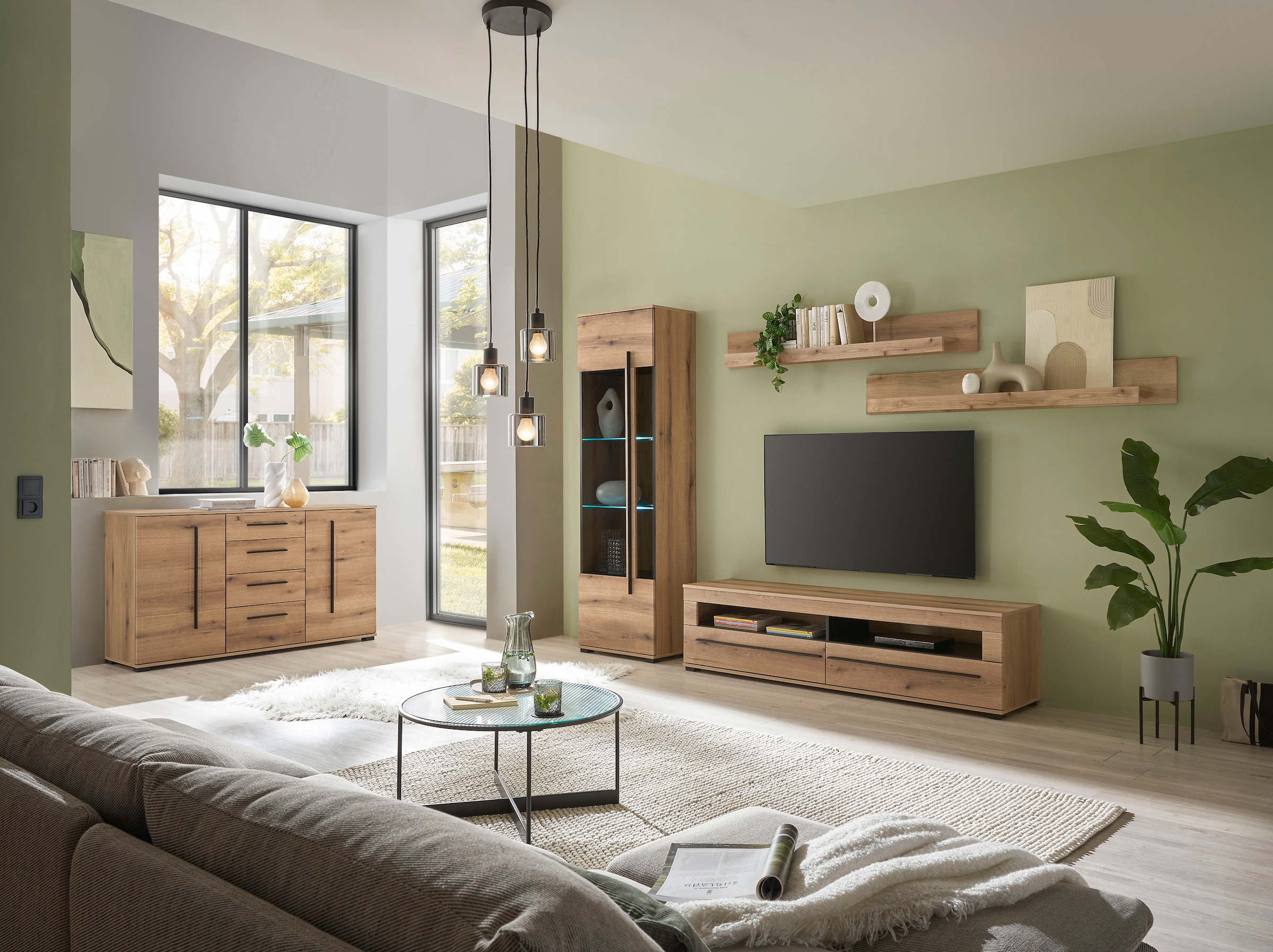 INOSIGN Wohnwand »Cantara, moderne Anbauwand, Wohnzimmer-Set, in Eiche Evoke oder Weiß«, (Set), enthält eine Vitrine, ein Lowboard und zwei Wandboards