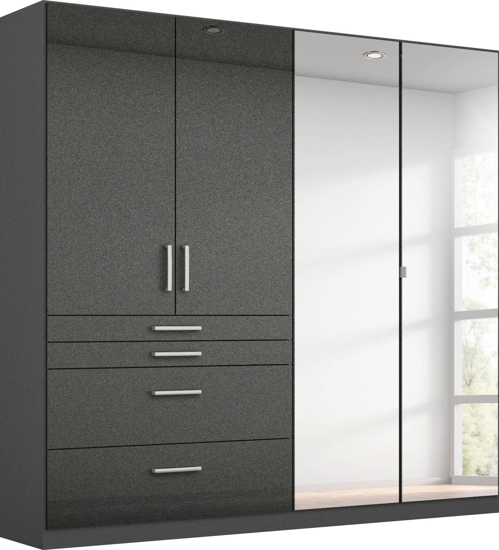 rauch Drehtürenschrank "Kleiderschrank Schrank Garderobe Garderobenschrank HOMBURG" mit Spiegel, oberer Schubkasten mit Einteilung MADE IN GERMANY