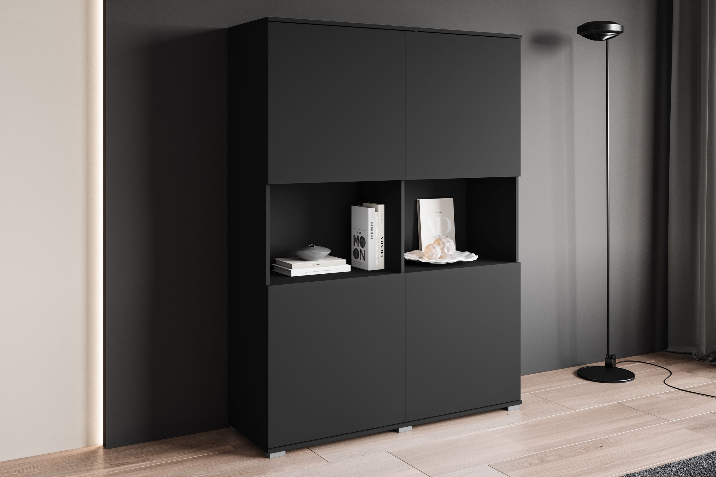 OTTO home Highboard »Kenia Schrank, 120 cm breit, mit 4 Türen und 2 offenen Fächern« 1 Stk. tlg. Griffloses Design mit Push-to-Open und verstellbaren Einlegeböden