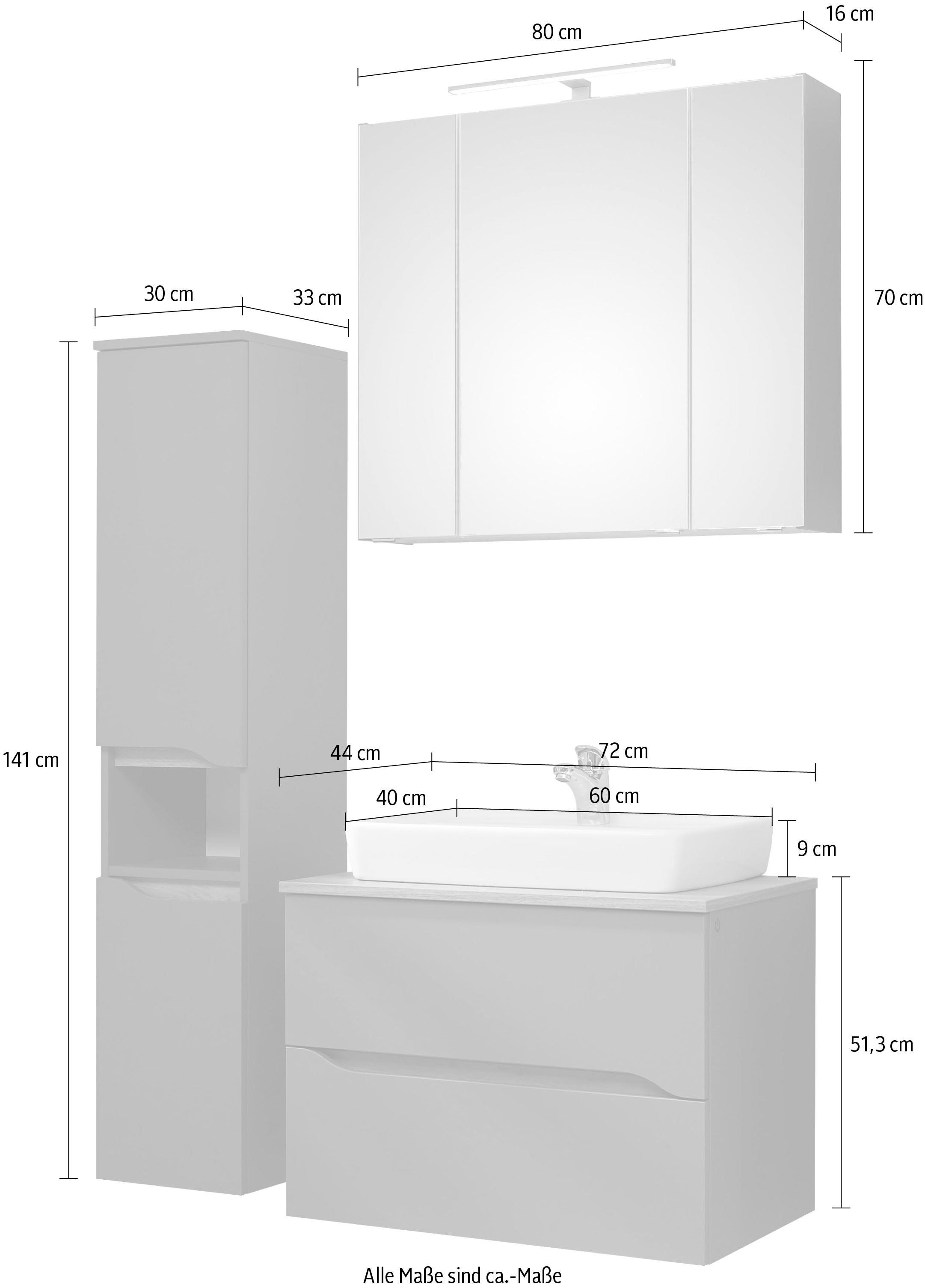 Saphir Badmöbel-Set »Quickset 3-teilig, Keramik-Aufsatzbecken mit LED-Spiegelschrank«, (3 St.), Midischrank, inkl. Türdämpfer, 2 Schubladen, 5 Türen, 8 Einlegeböden