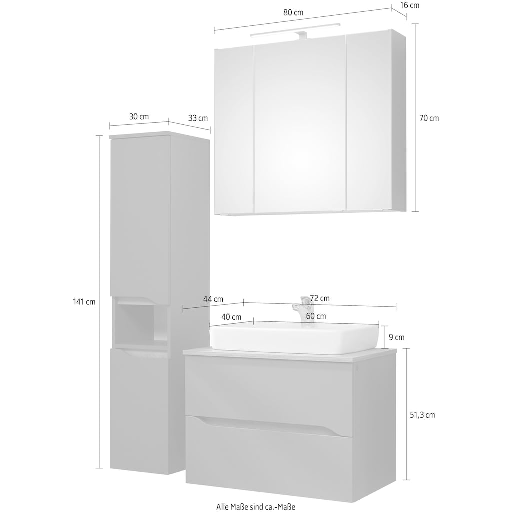 Saphir Badmöbel-Set »Quickset 3-teilig, Keramik-Aufsatzbecken mit LED-Spiegelschrank«, (3 St.), Midischrank, inkl. Türdämpfer, 2 Schubladen, 5 Türen, 8 Einlegeböden