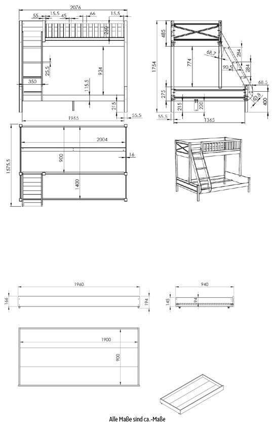 Vipack Etagenbett »Scott, Kiefer massiv, stabil gebaut, Made in Europe, Landhaus-Optik«, (B/H/T ca. 208x175x158cm, inkl. Rolllattenroste, Leiter, Absturzschutz), wahlweise, ohne Schublade, mit 2 kleinen oder 1 großen Bettschublade
