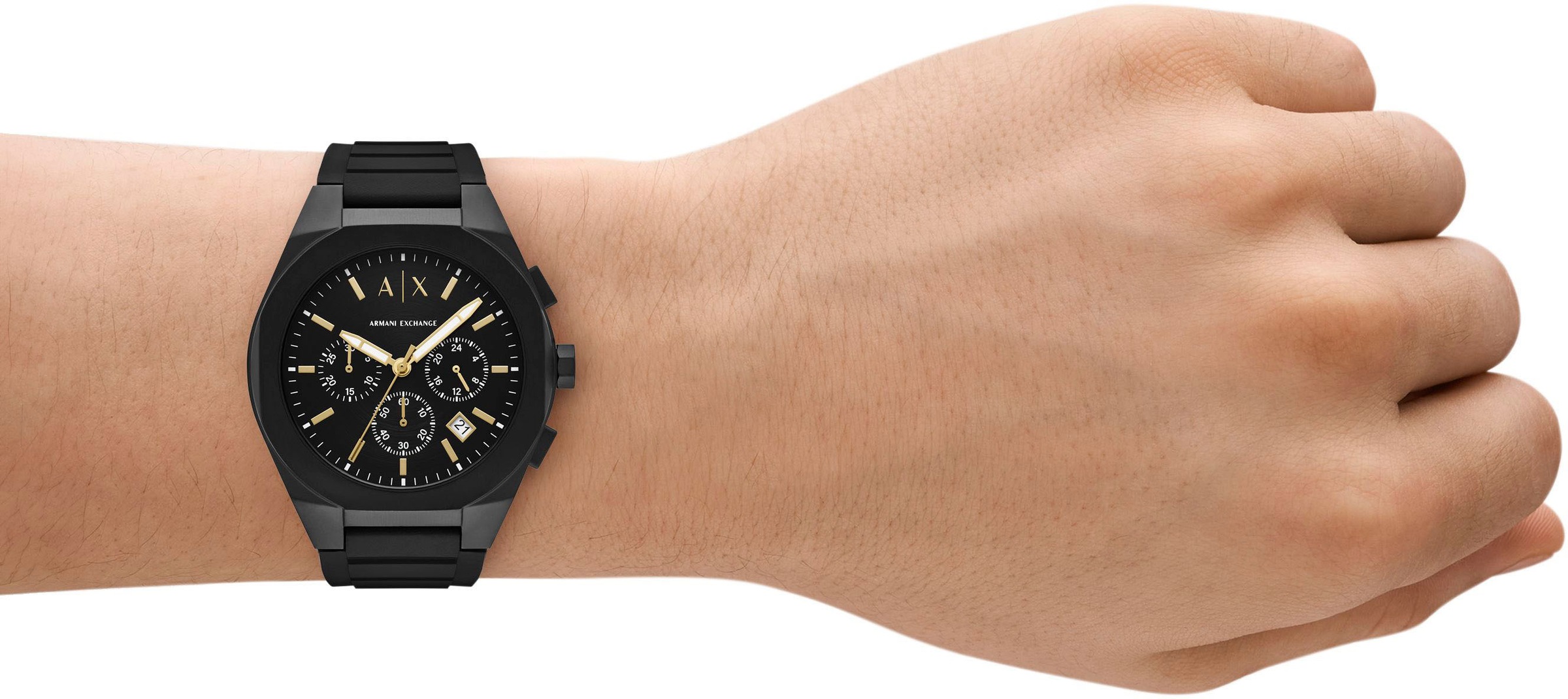 ARMANI EXCHANGE Chronograph »SYNC«, (Set, 2 tlg., mit Kofferanhänger), Quarzuhr, Armbanduhr, Herrenuhr, Silikonarmband, Geschenkidee, Tag