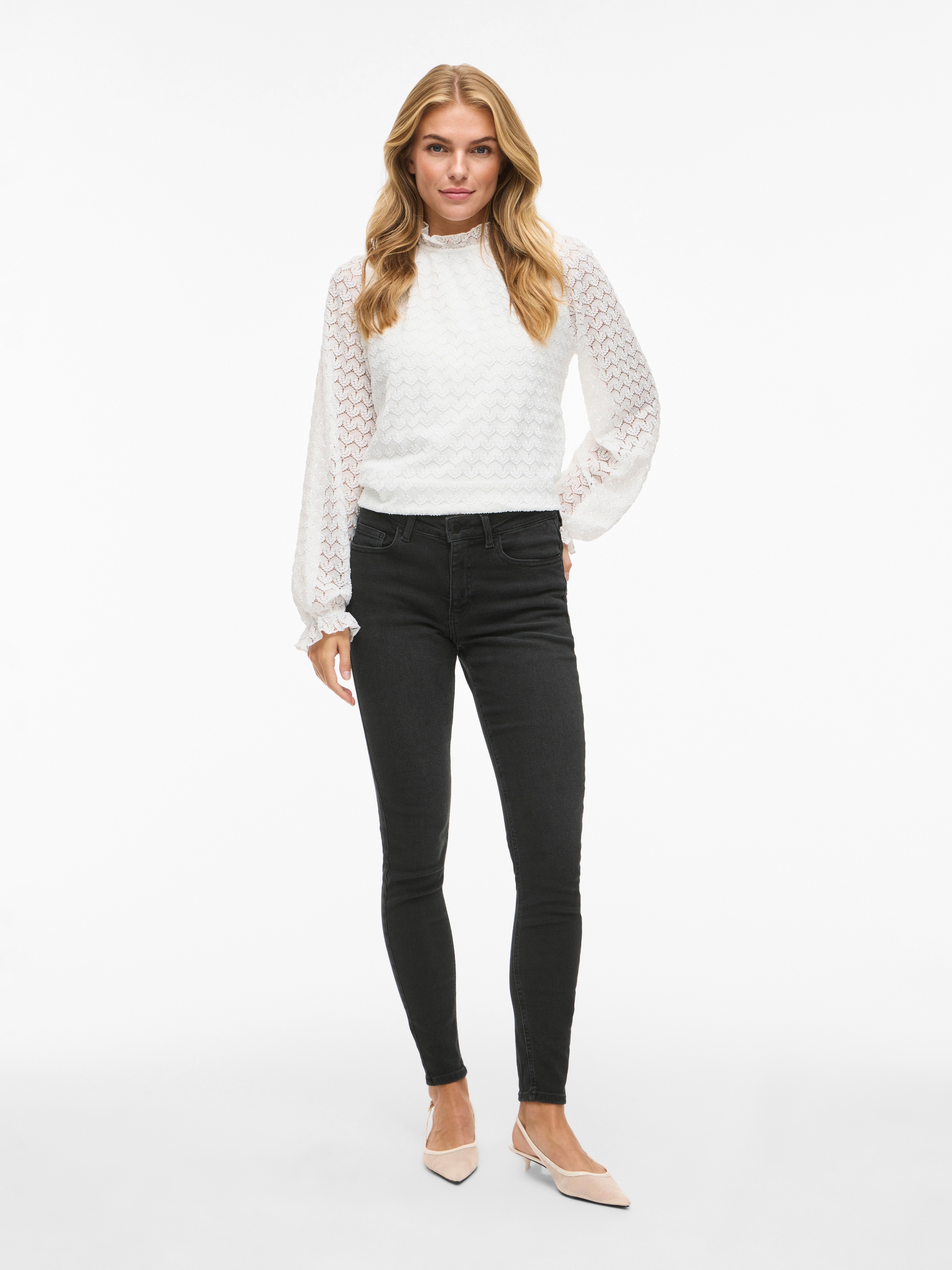 Skinny-fit-Jeans VILA "VISARAH RW SKINNY JEANS BLK BUB00-NOOS", Damen, Gr. S (36), Länge 32, schwarz (schwarz denim), Denim/Jeans, Obermaterial: 91% Baumwolle, 7% Polyester, 2% Elasthan, unifarben, skinny fit knöchellang, Jeans 4