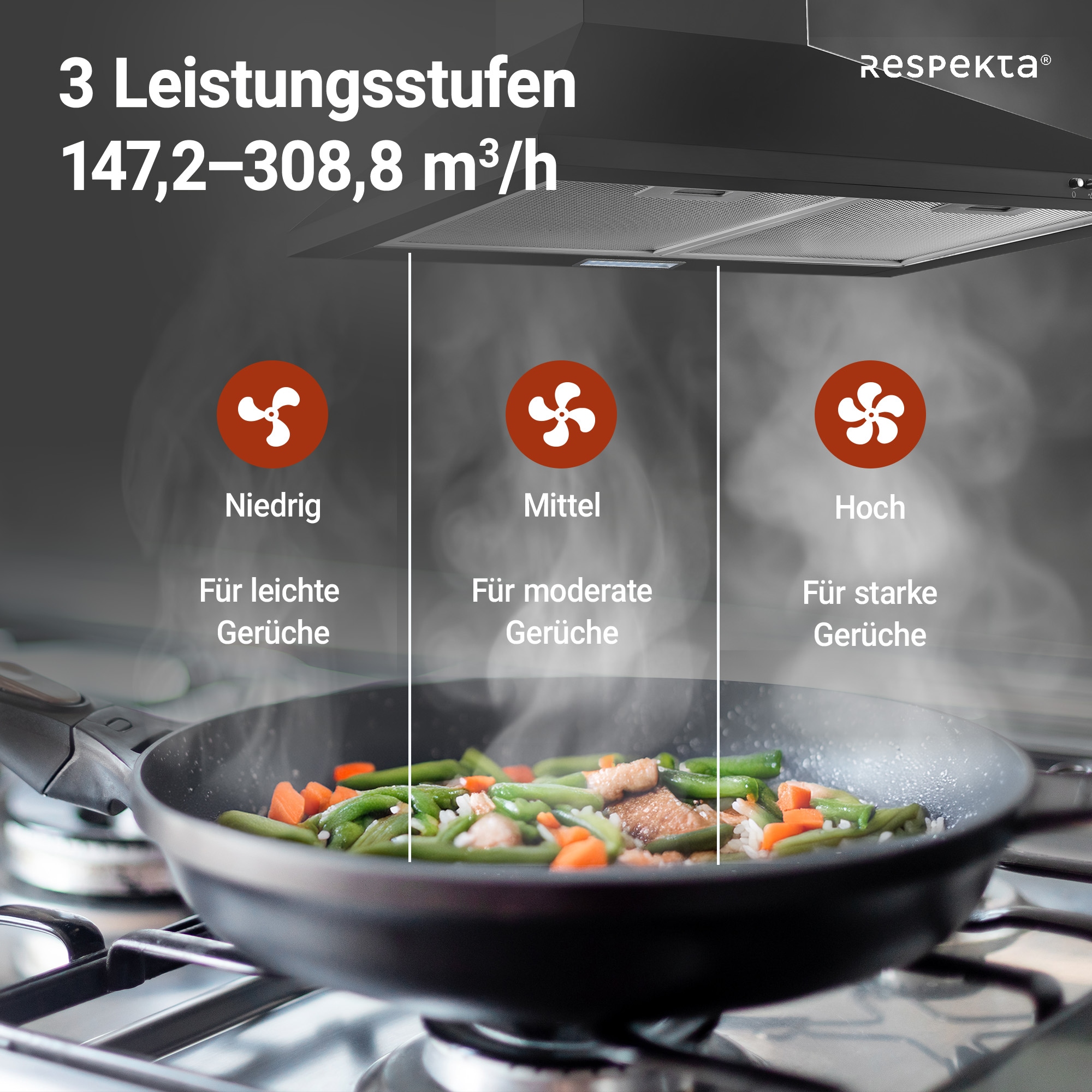 RESPEKTA Kaminhaube »CH 22055 SA«, 60 cm, 3 Leistungsstufen, LED-Beleuchtung, Ab- und Umluftfähig
