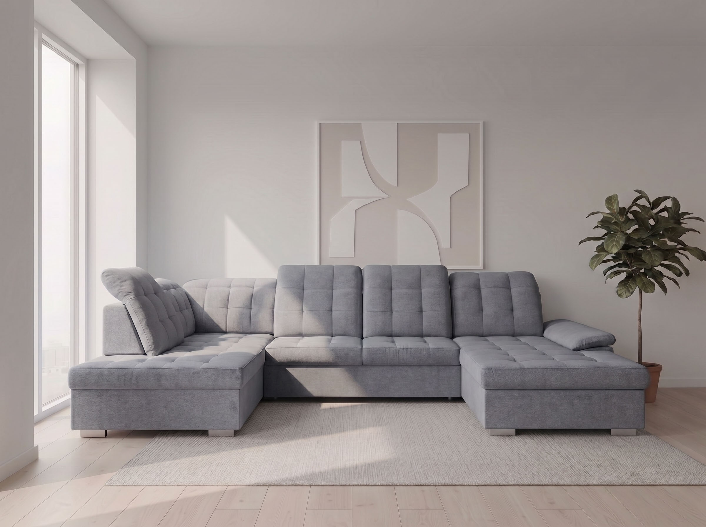 WERK2 Wohnlandschaft "Kordula-New 332 x 217 cm Multifunktion Couch modern und bequem" Struktur weich, U-Form, XXL, Sitztiefenverstellung, Schlaffunktion