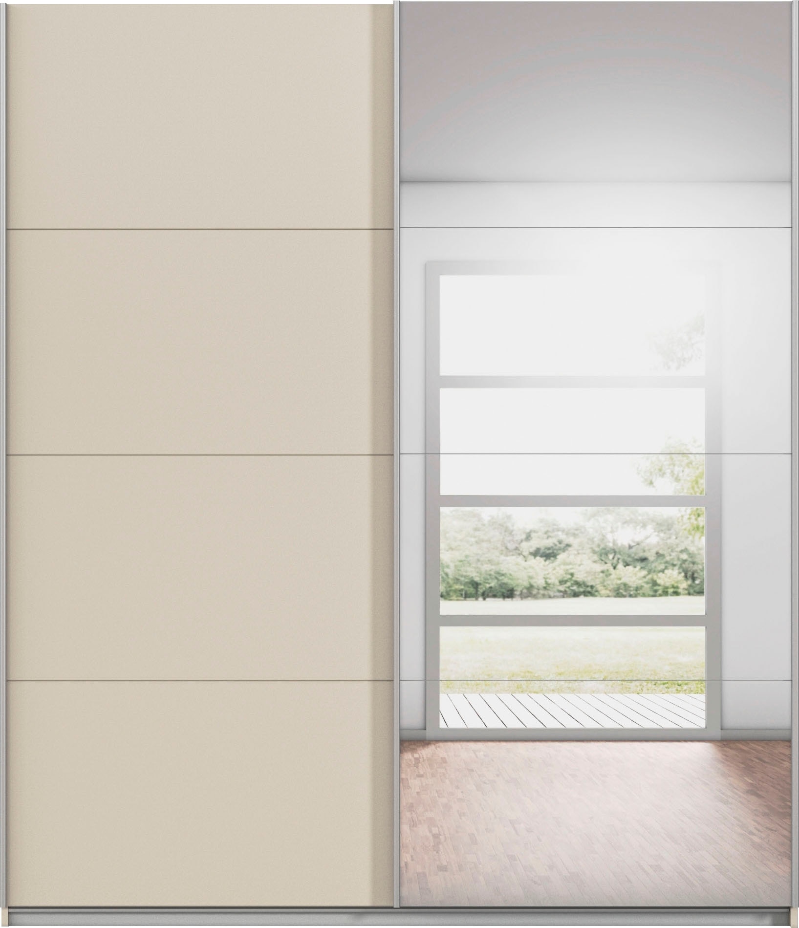 INOSIGN BY RAUCH Schwebetürenschrank »Kleiderschrank Schrank Garderobe Schlafzimmerschrank THANOS«, (in 3 verschiedenen Ausstattungen BASIC/CLASSIC/PREMIUM), Optional mit Spiegel, Metall-Griffleisten alufarben MADE IN GERMANY