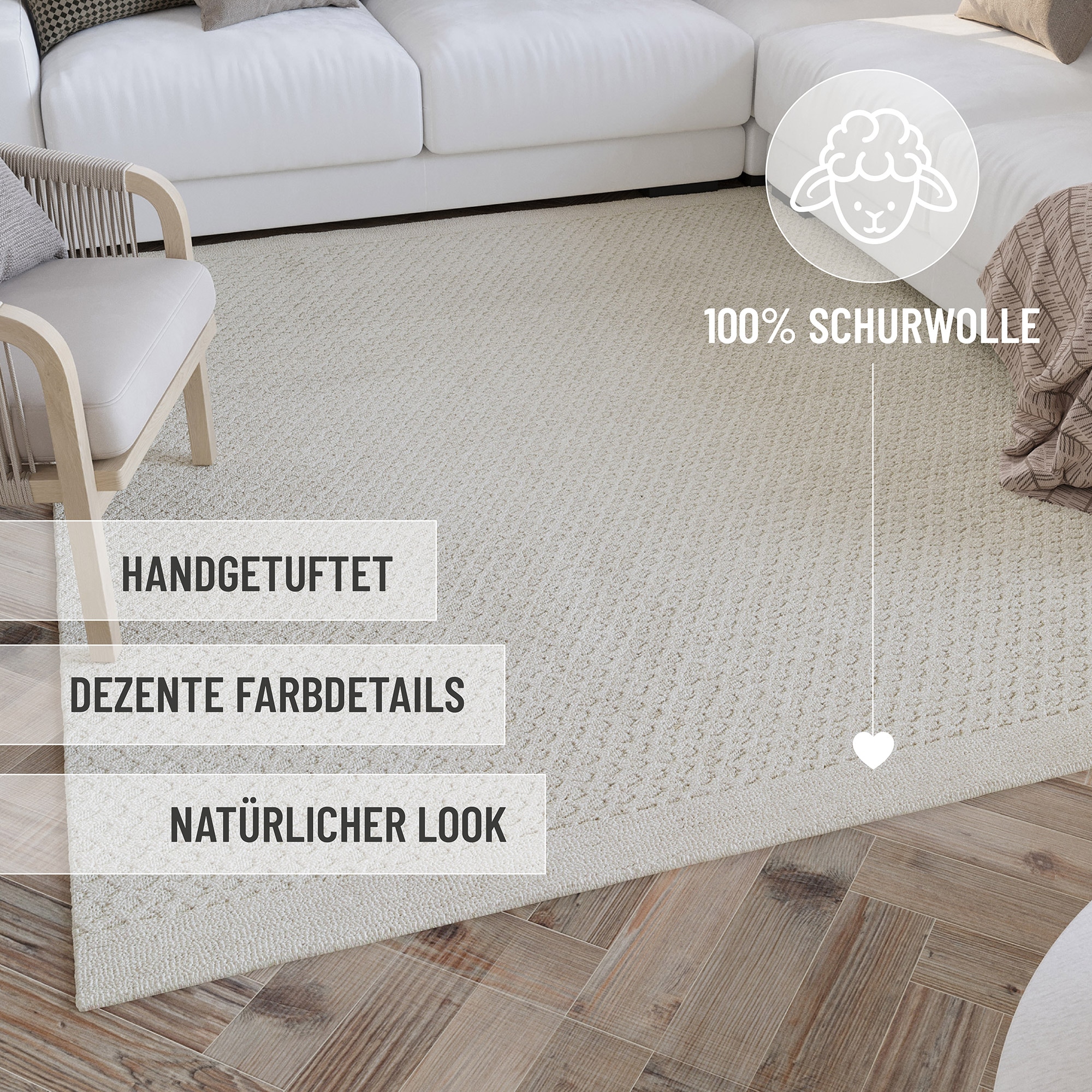 Wecon home Wollteppich »Hamptons THIRTYEIGHT«, rund, 11 mm Höhe, Schurwolle, Kurzflor, Wohn- & Schlafzimmer, elegant, Waben-Muster