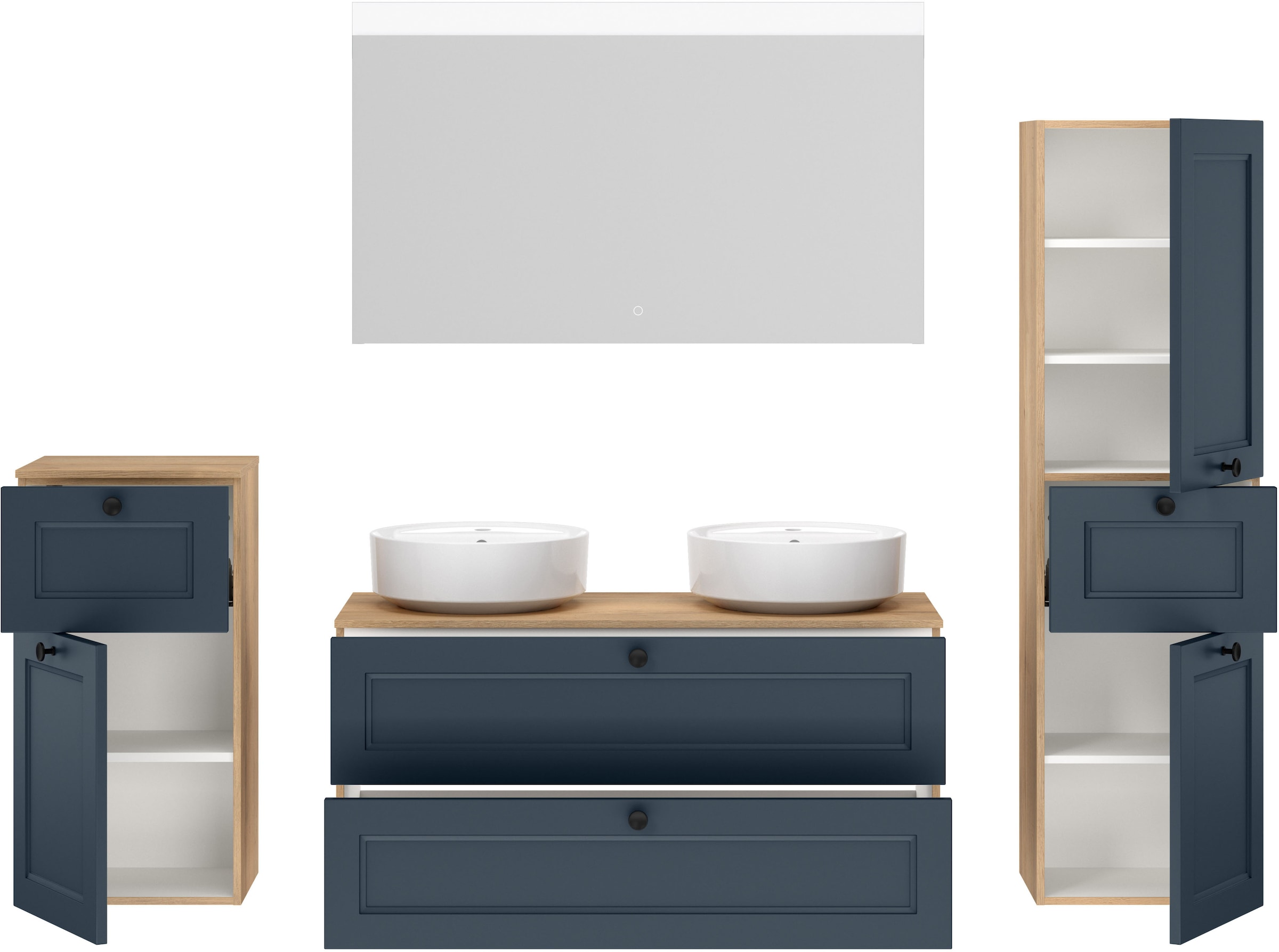 nobilia® Badmöbel-Set »Cascada« Set, inkl.  2 Aufsatzwaschbecken und beleuchtetem  Spiegel mit Touch-Sensor, 6 Stk. tlg.